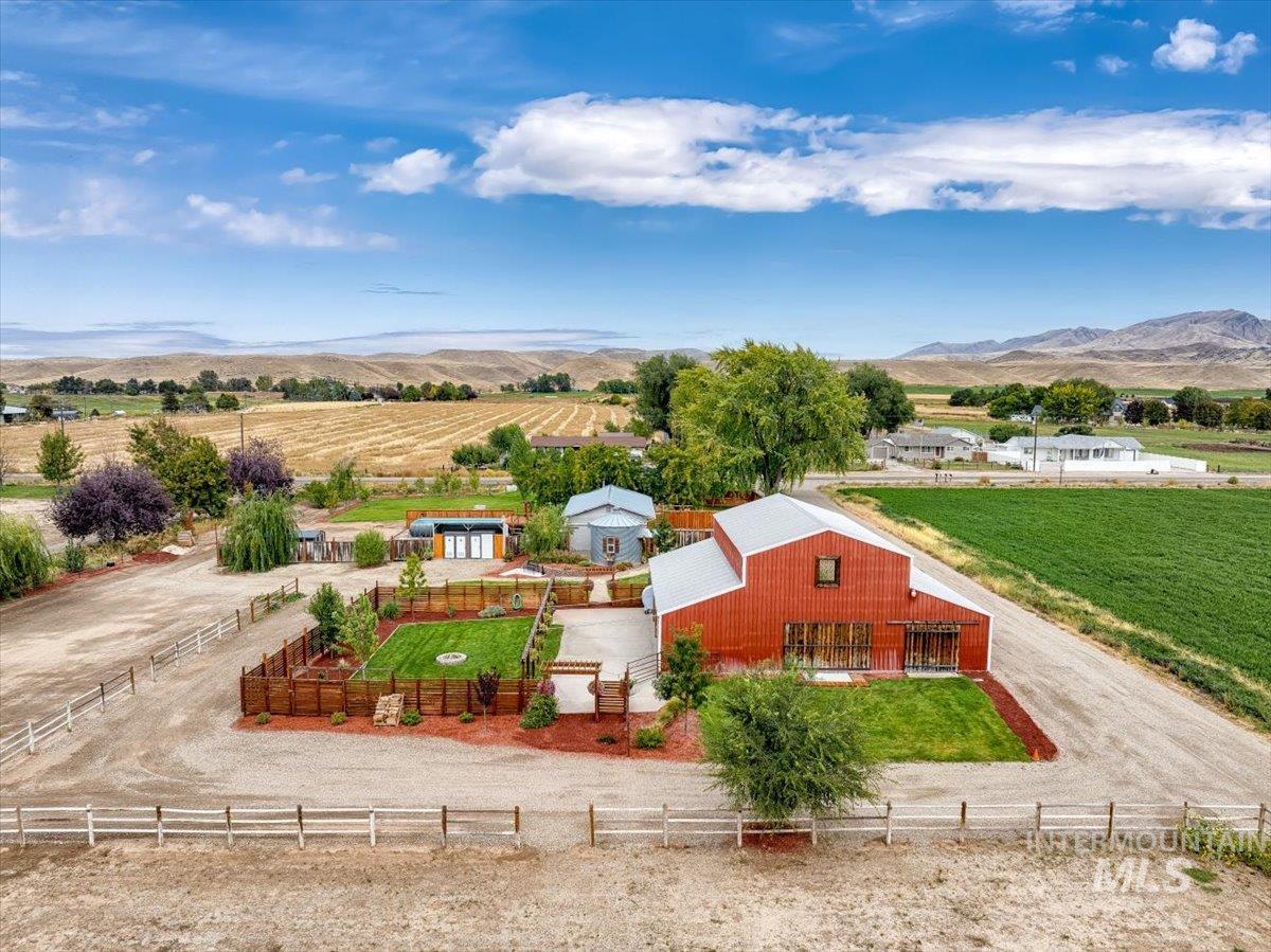 Aerial view of sparsely populated area with mountains