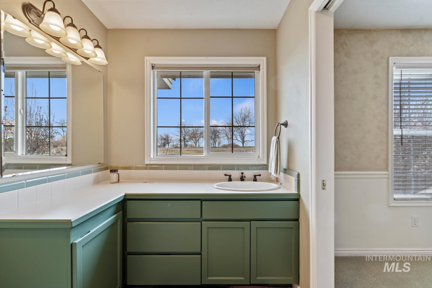 Bathroom featuring vanity, healthy amount of natural light, and light colored carpet