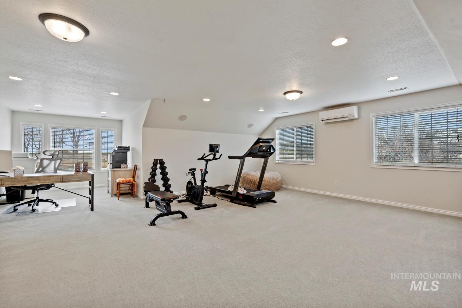 Workout area featuring carpet floors and recessed lighting