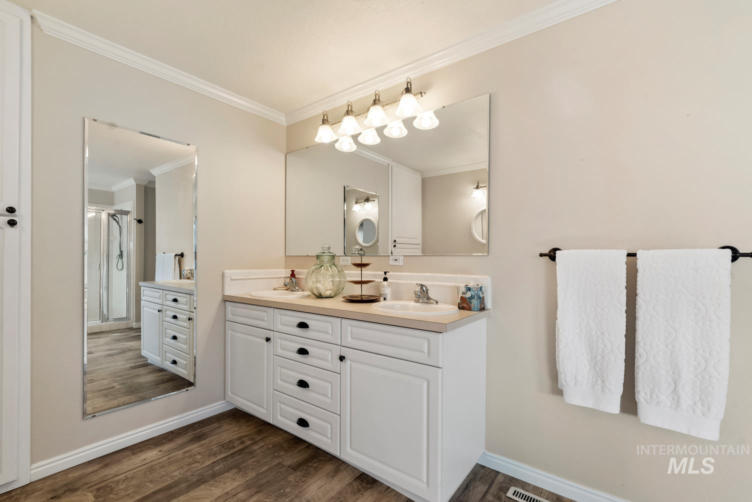 Full bath featuring double vanity, ornamental molding, and dark wood-type flooring