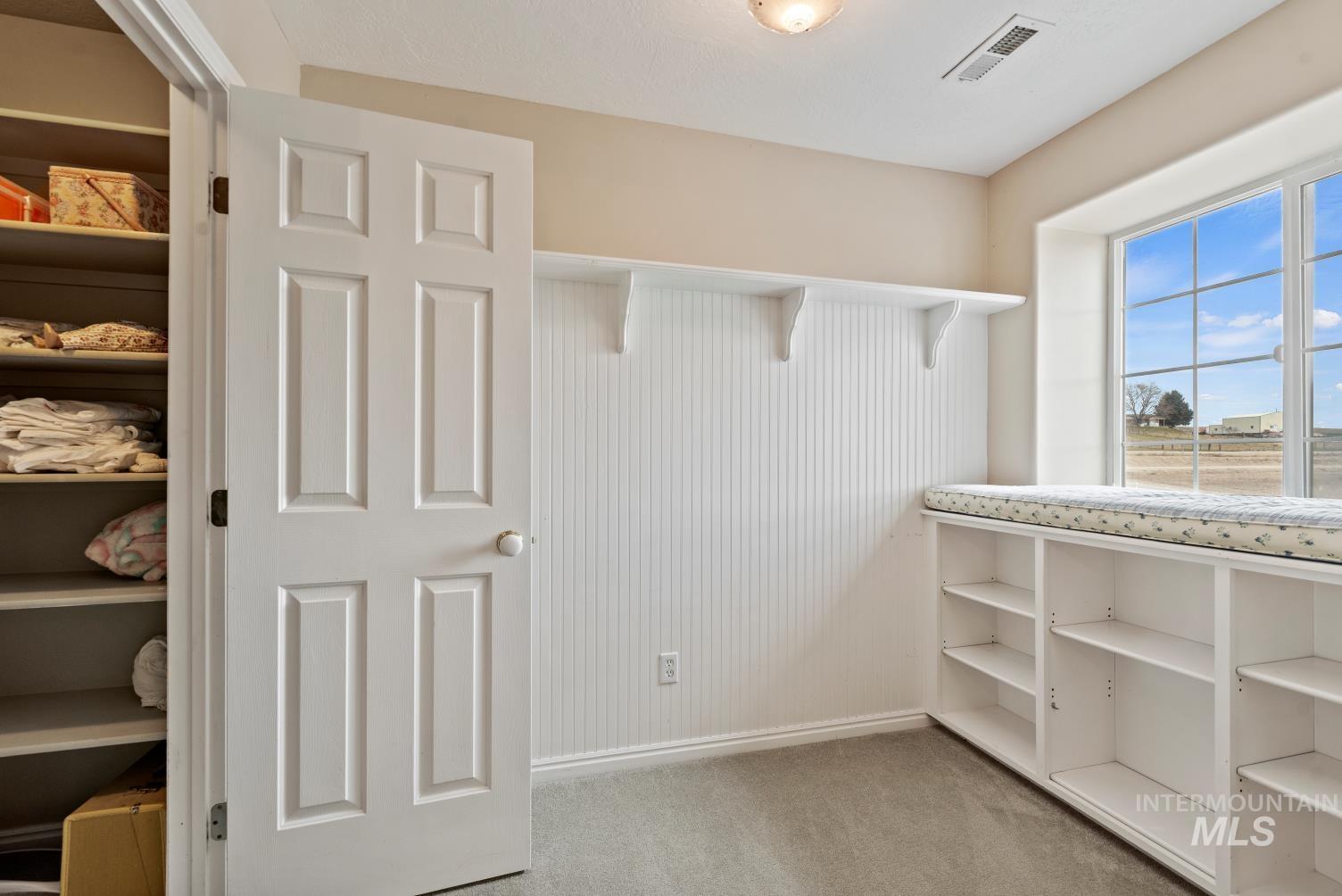 Walk in closet featuring light carpet