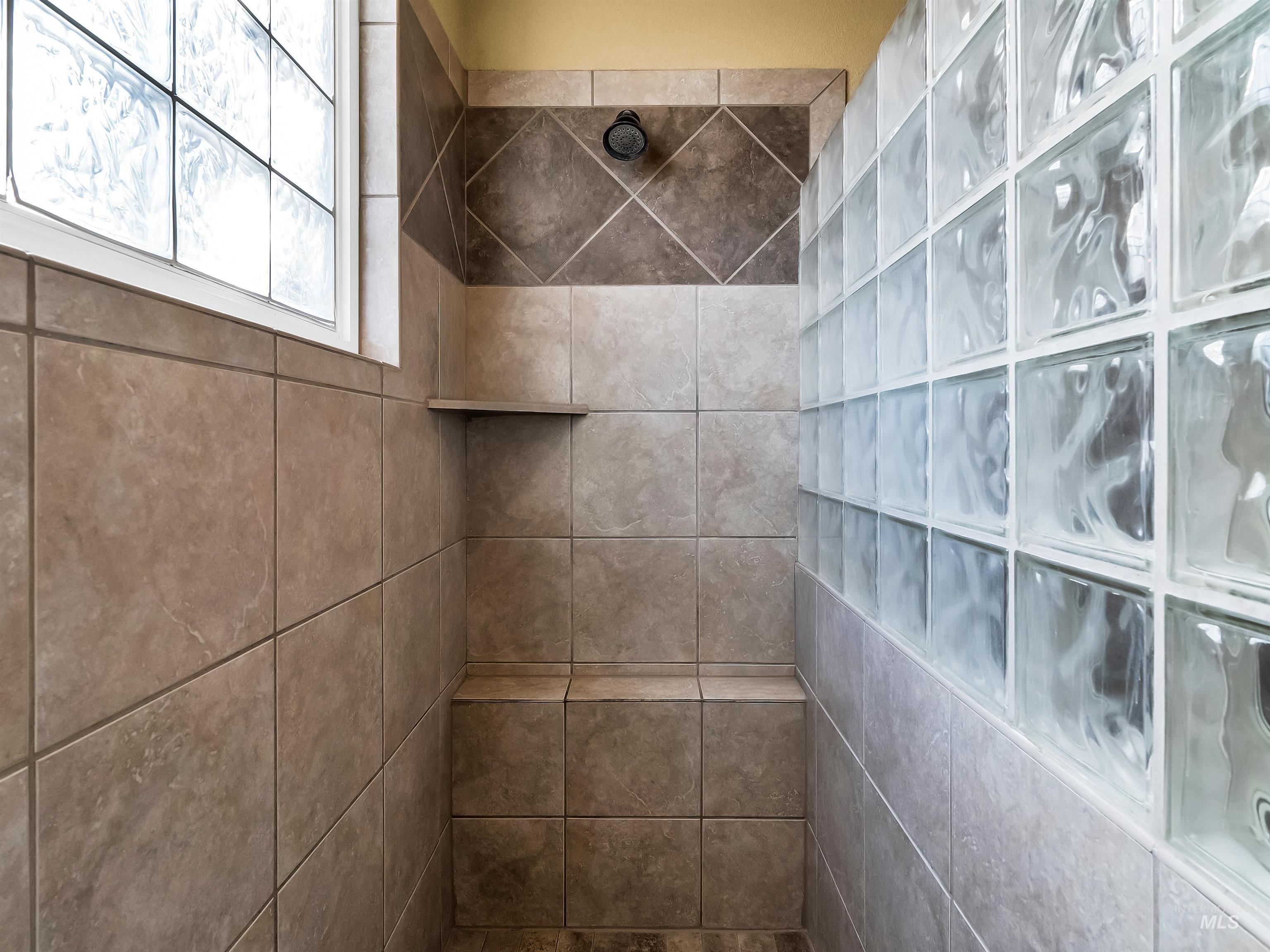 Bathroom view of a tile shower