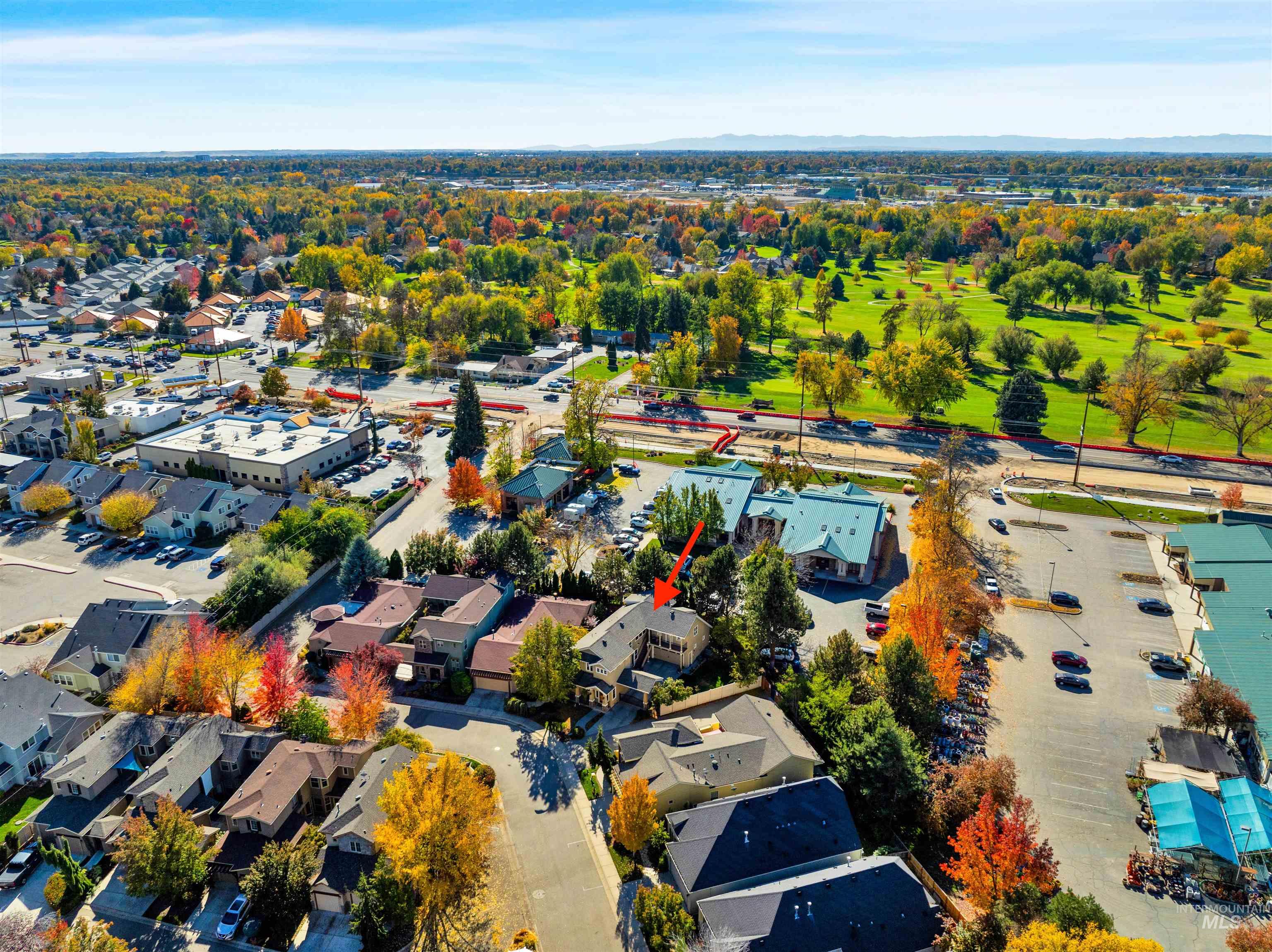 Aerial view of residential area with a tree filled landscape