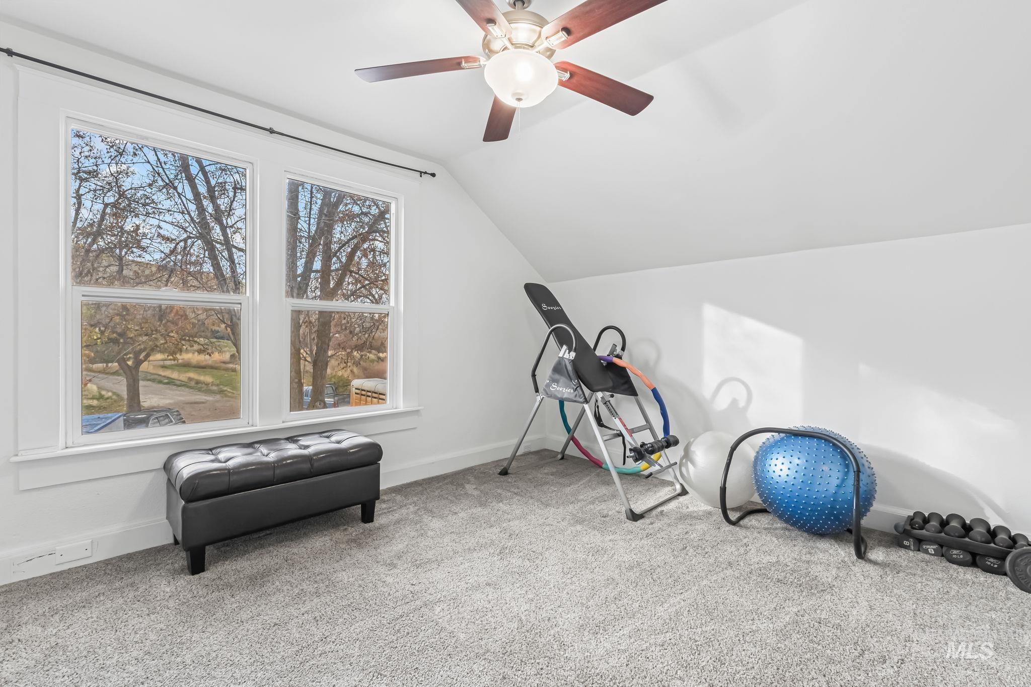 Workout area featuring vaulted ceiling, carpet, and a ceiling fan