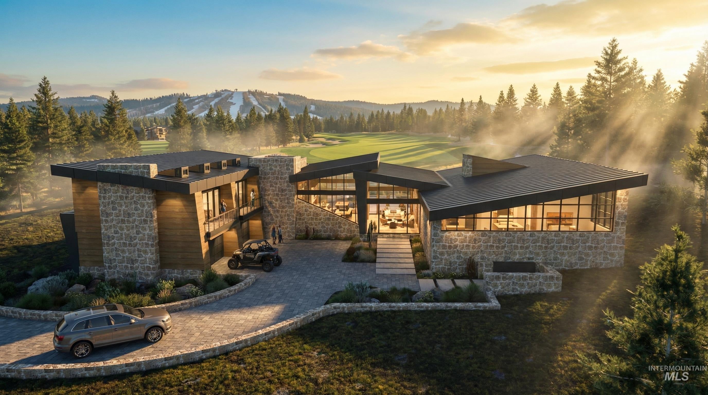Contemporary stone and wood-clad exterior with a multi-level roofline