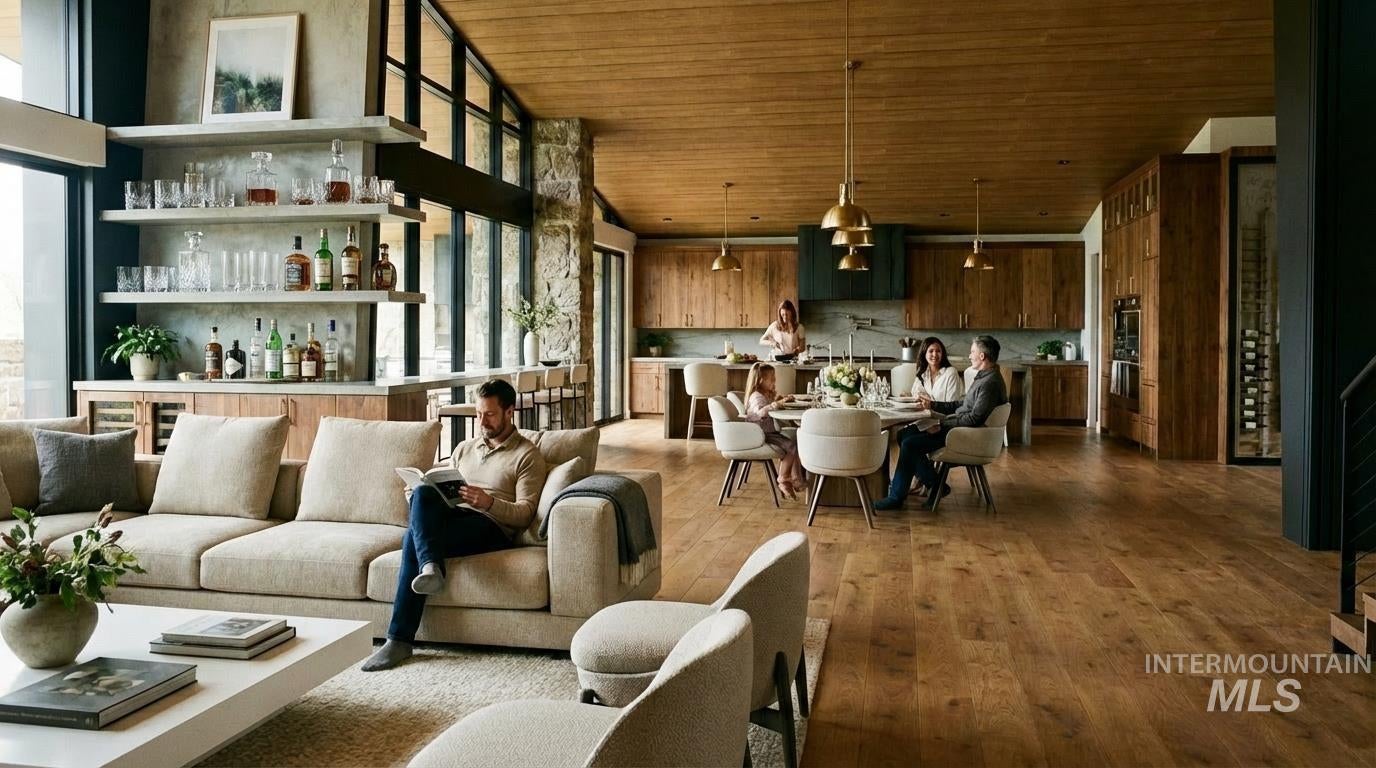 Spacious living area featuring expansive wood-finish flooring, a wood-paneled ceiling, and a full-height stone accent wall