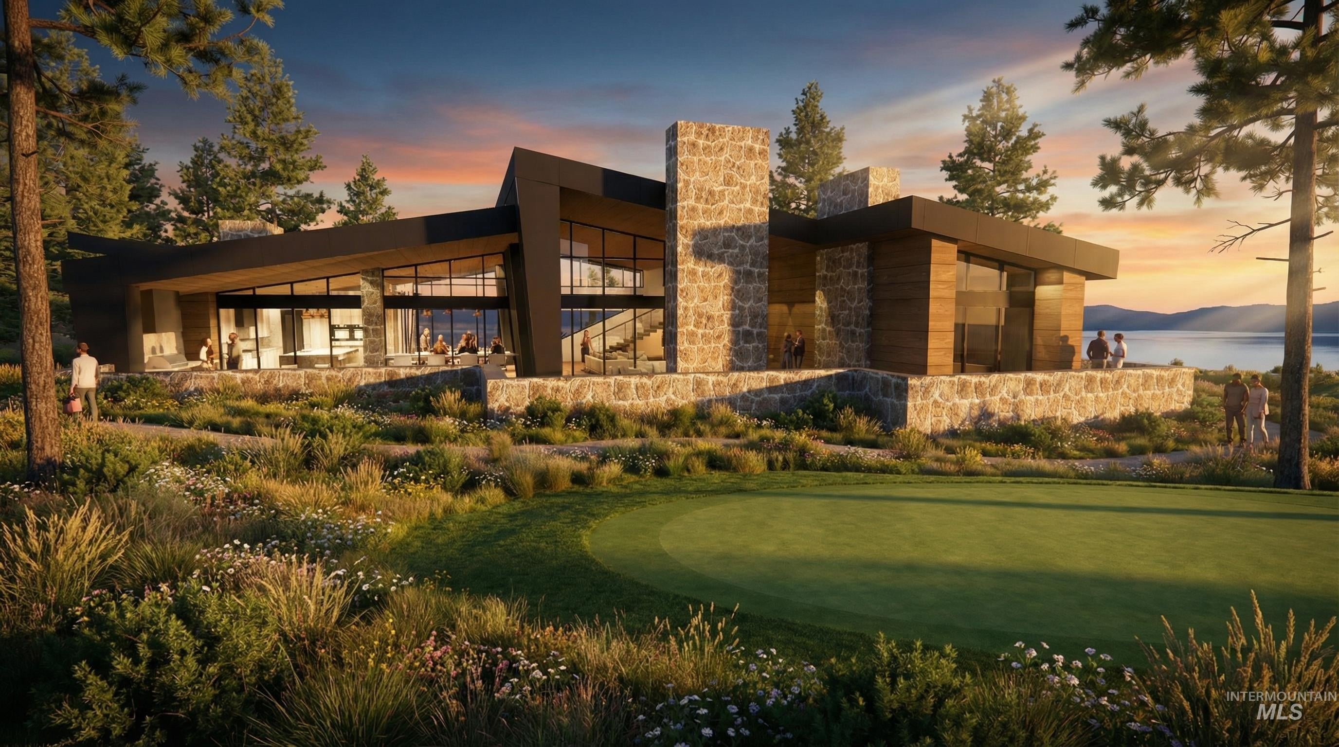 Modern architectural structure featuring stone cladding, expansive glass windows, a flat roofline, and natural wood paneling