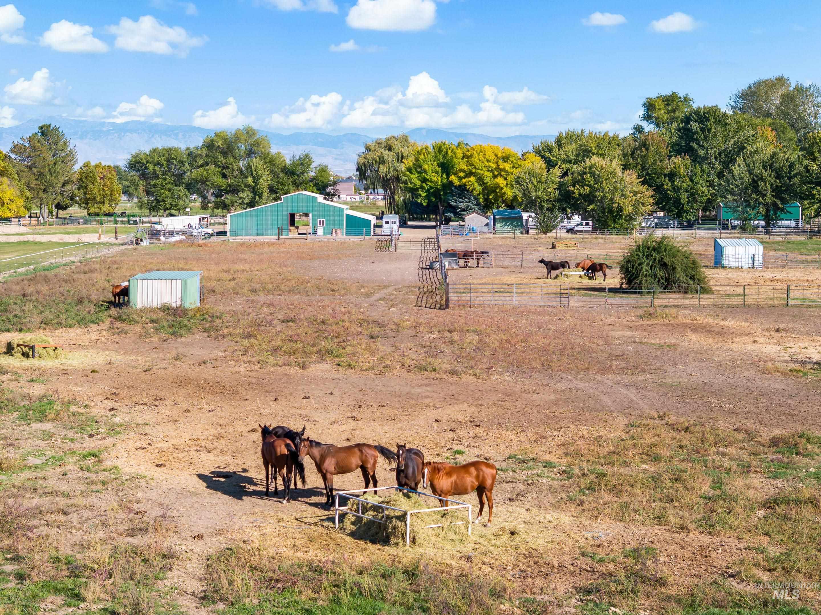 View of yard featuring a view of countryside, an outbuilding, a mountain view, and an enclosed riding area