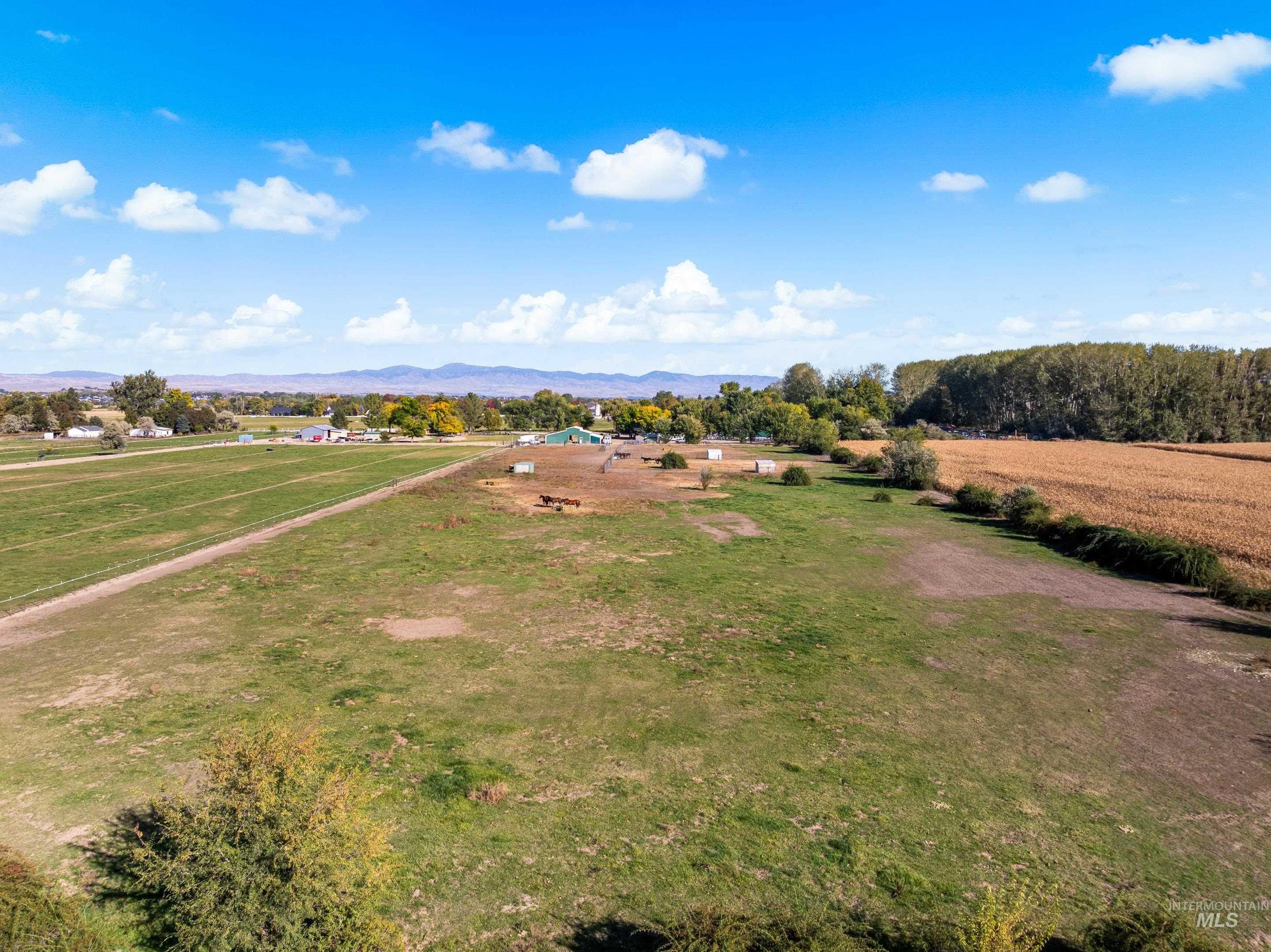 Aerial view of sparsely populated area with a mountain backdrop