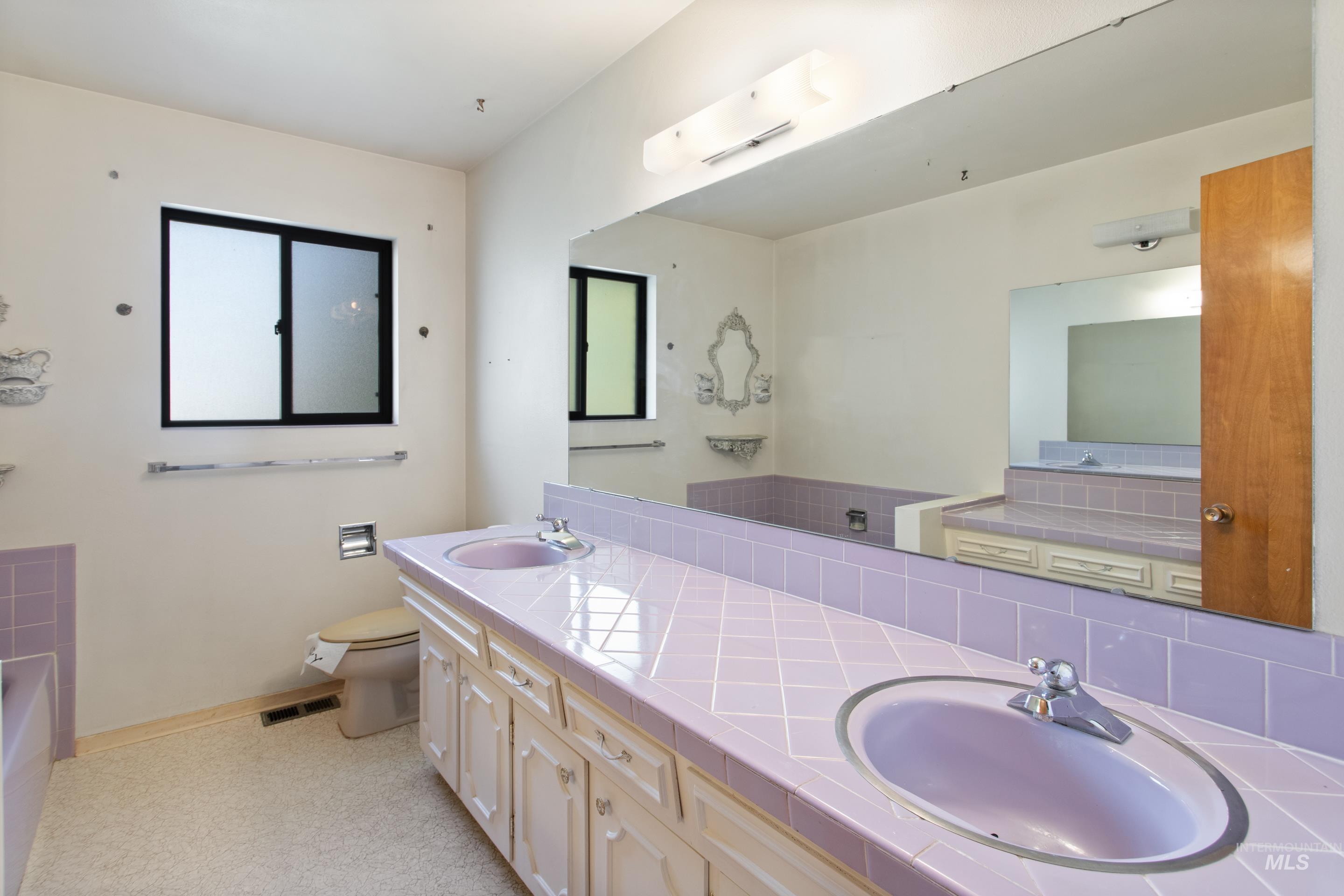 Bathroom with double vanity and shower / washtub combination