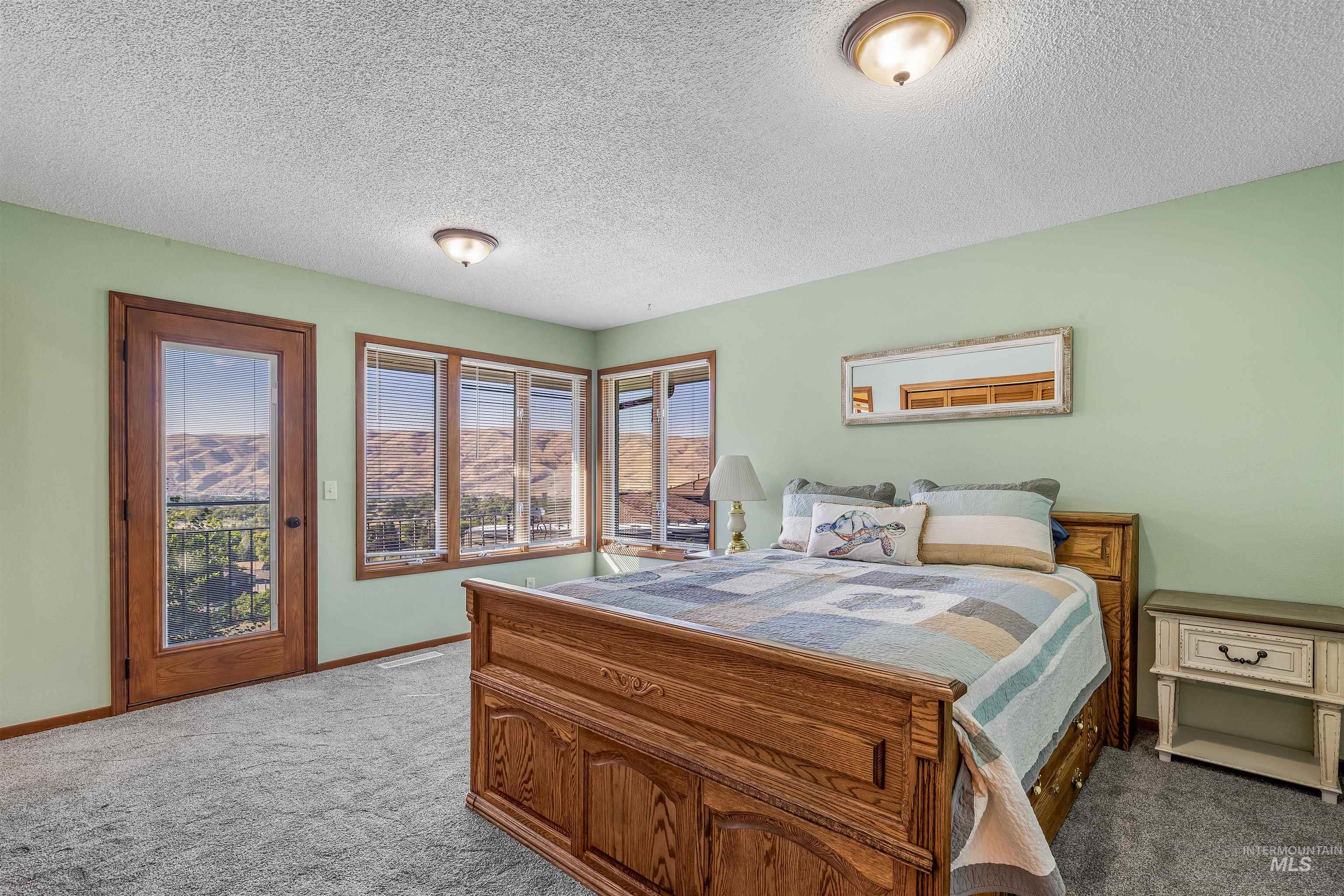 Bedroom with a textured ceiling, light carpet, and access to exterior