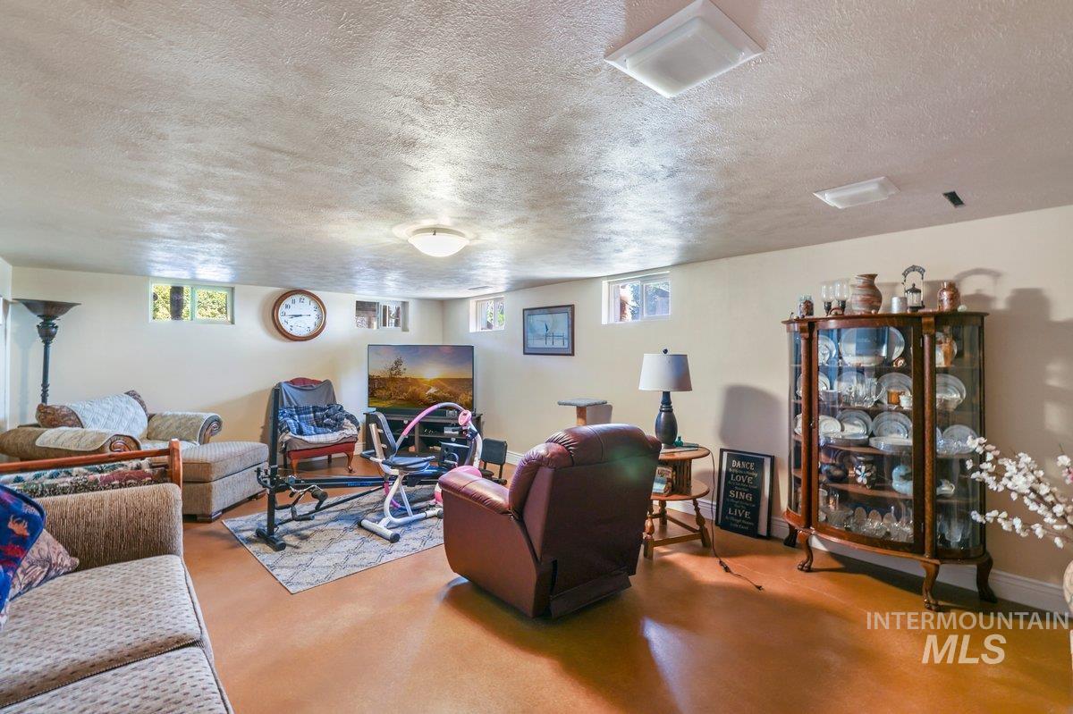 Living room with a textured ceiling