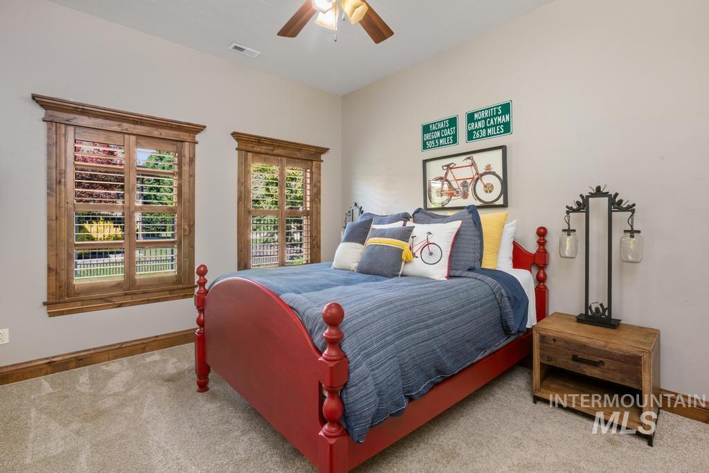 Carpeted room featuring two windows with plantation shutters, wood-finish trim, and a ceiling fan with light fixture