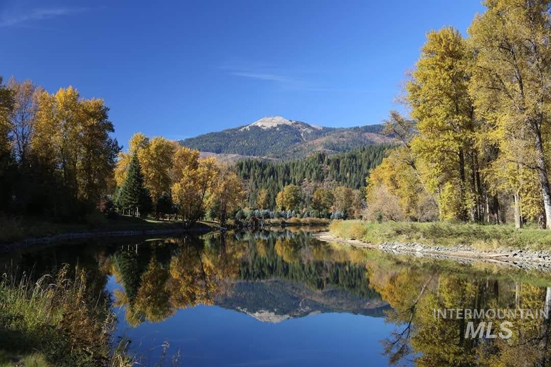 Water view with a heavily wooded area and mountains
