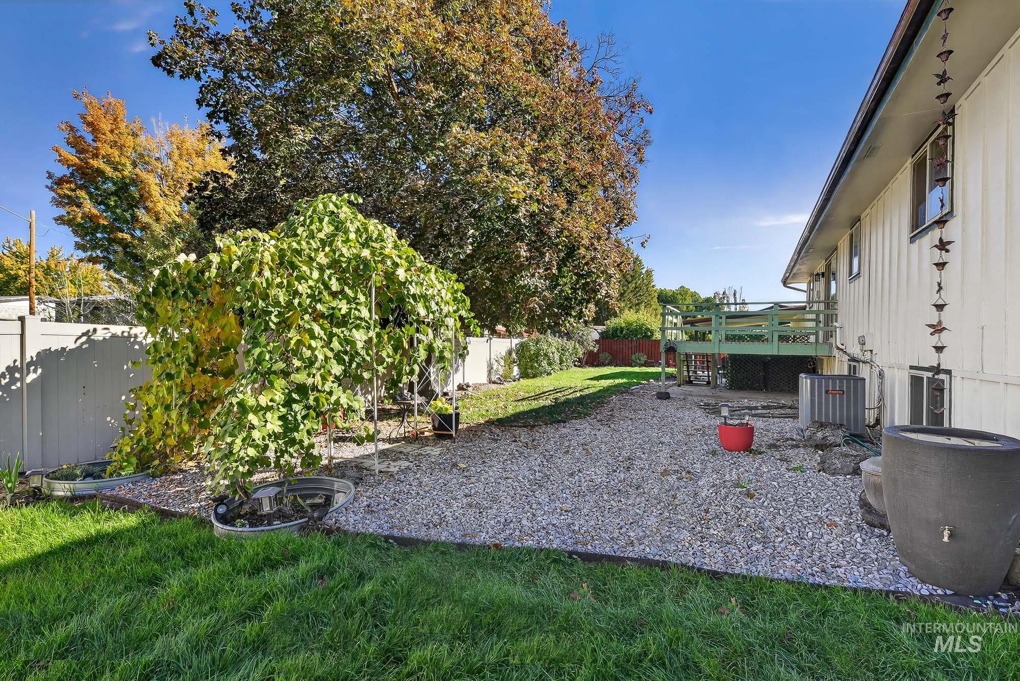 Fenced backyard featuring a deck