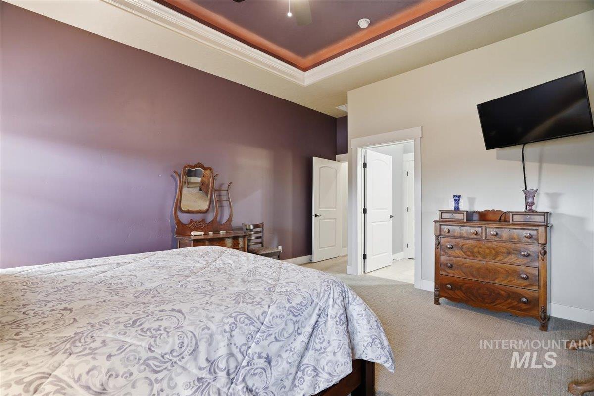 Bedroom with light colored carpet, a ceiling fan, ornamental molding, and a tray ceiling