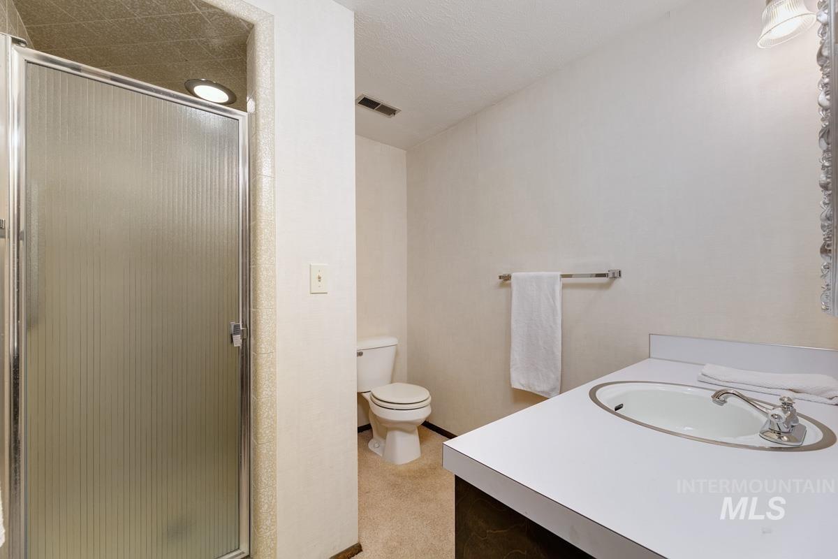 Full bathroom with vanity and a shower stall