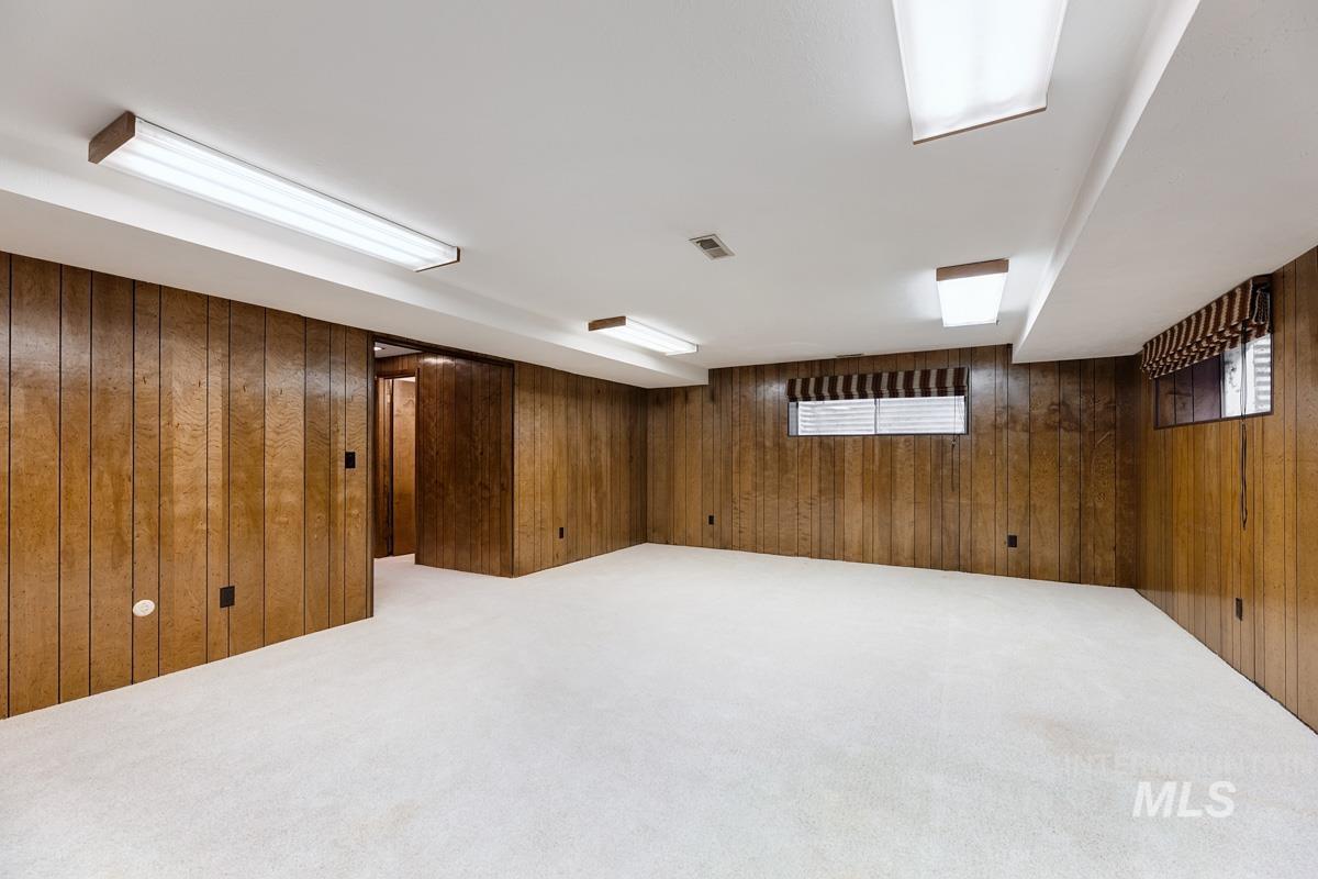 Below grade area featuring light carpet and wood walls