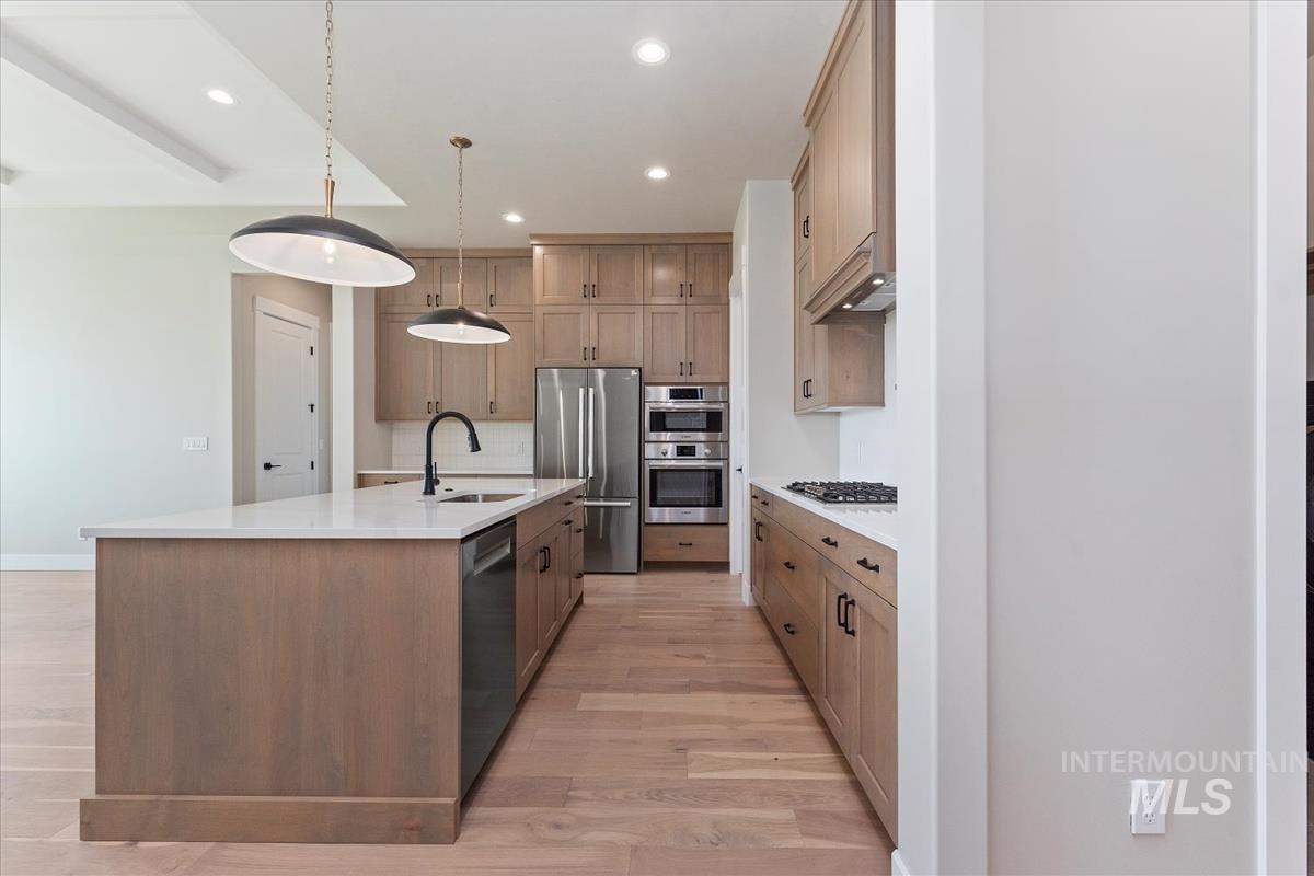 Kitchen featuring recessed lighting, stainless steel appliances, light wood-style floors, pendant lighting, and an island with sink