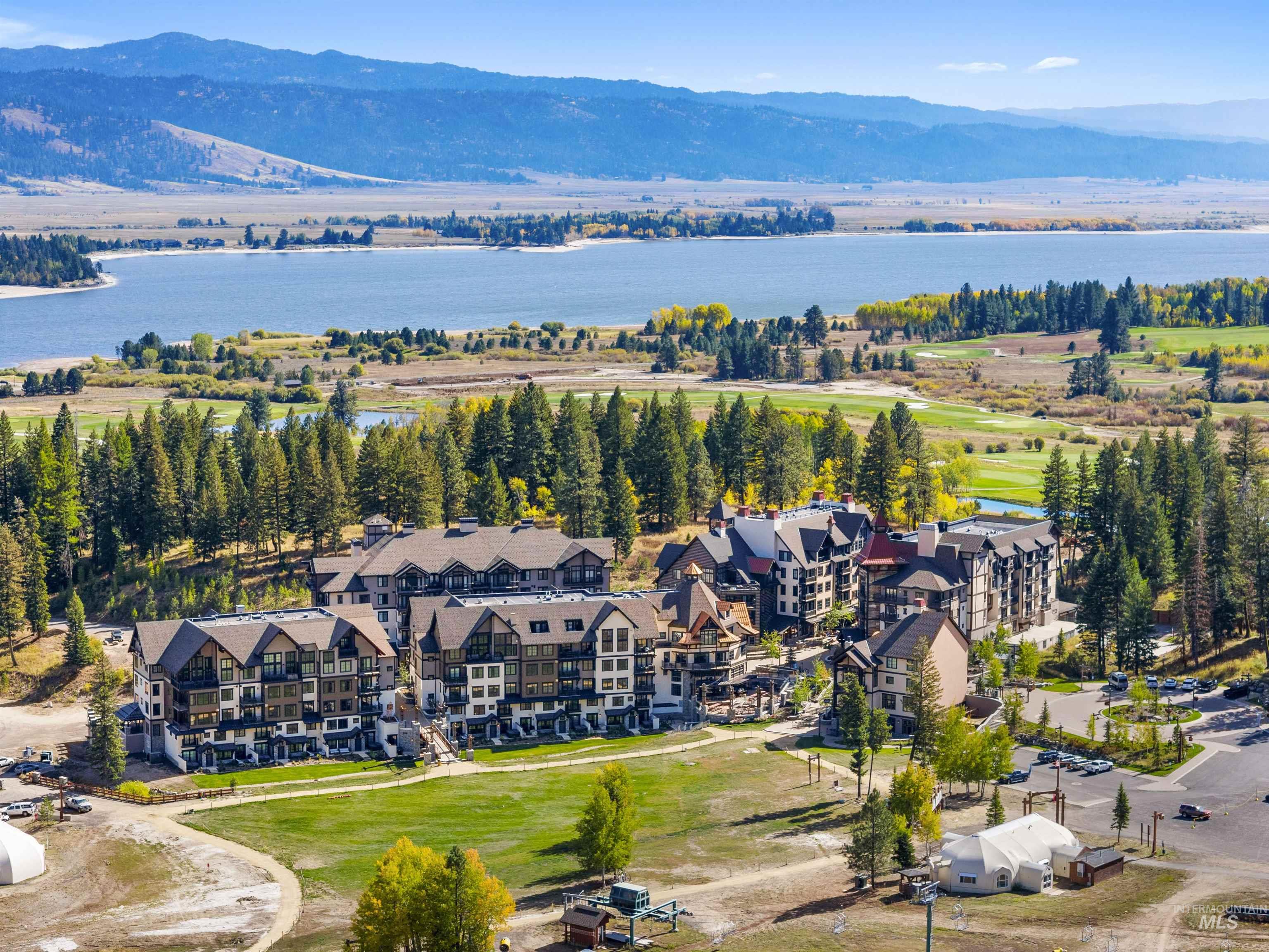 Bird's eye view of a village and lake view