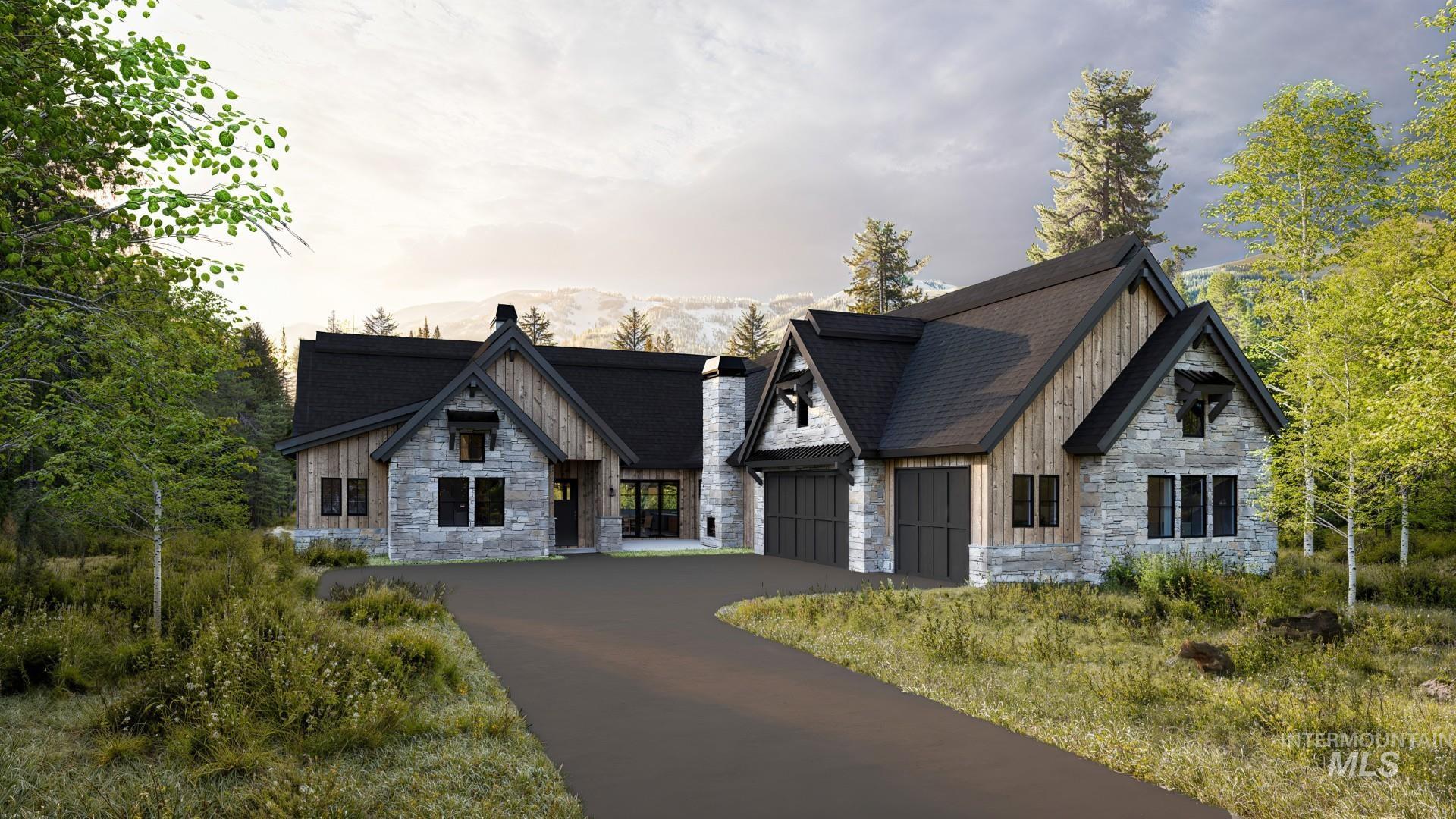 Rendering view of front of home with stone siding, a garage, driveway, and rustic siding