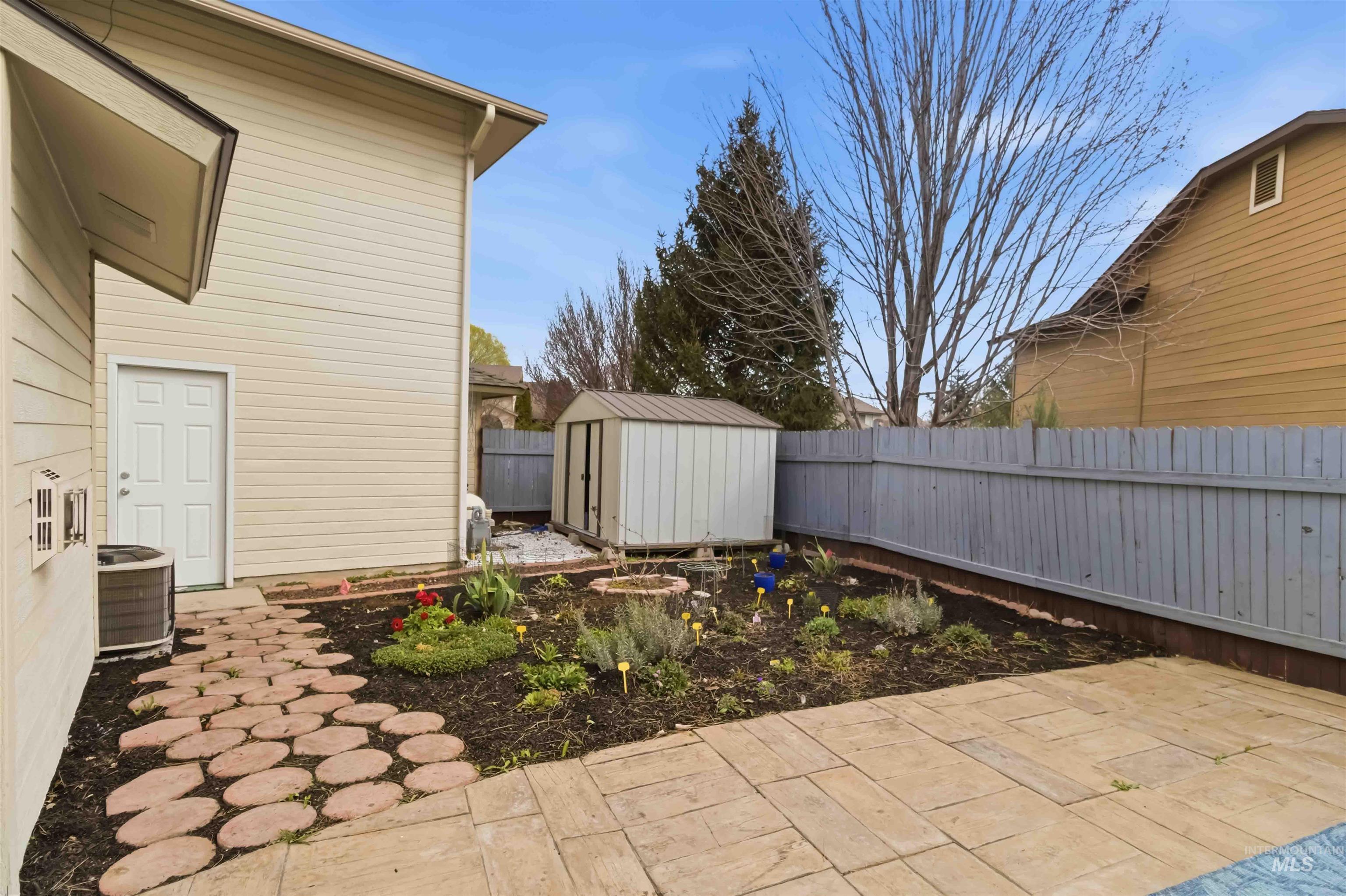 Fenced backyard with a shed