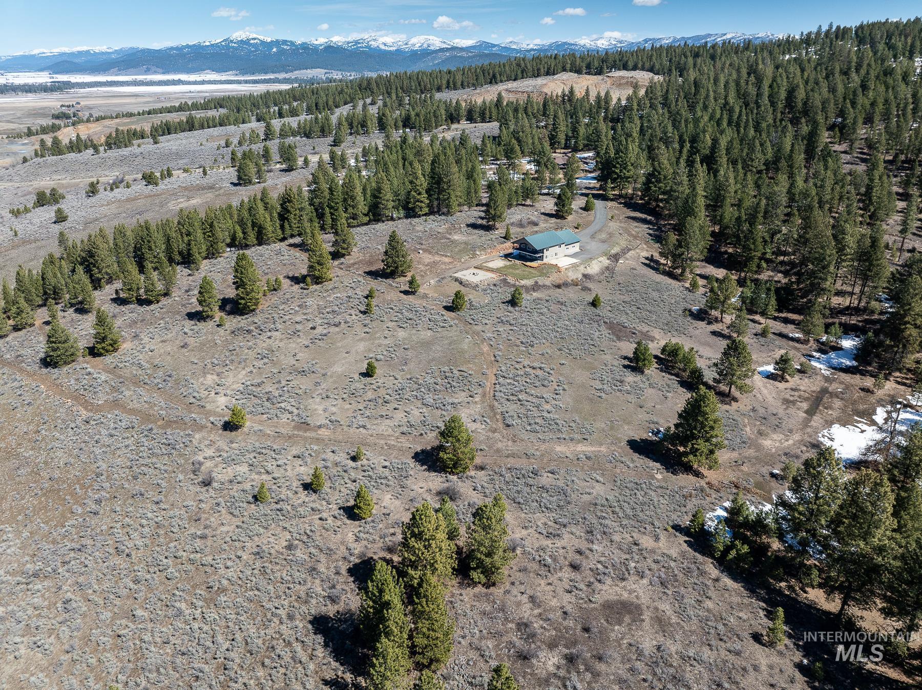 Aerial view of sparsely populated area with a mountain backdrop