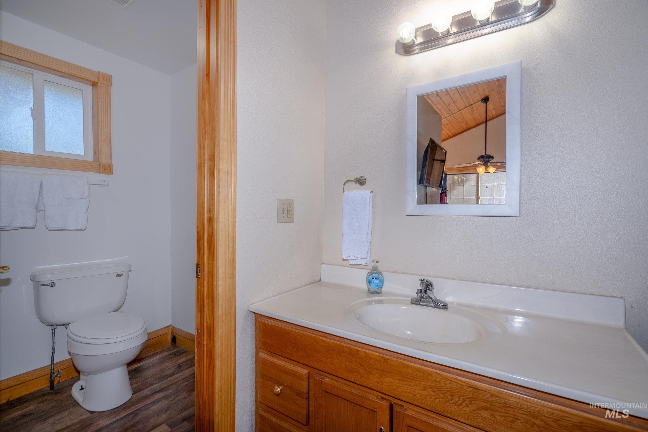 Bathroom with vanity and dark wood-style flooring