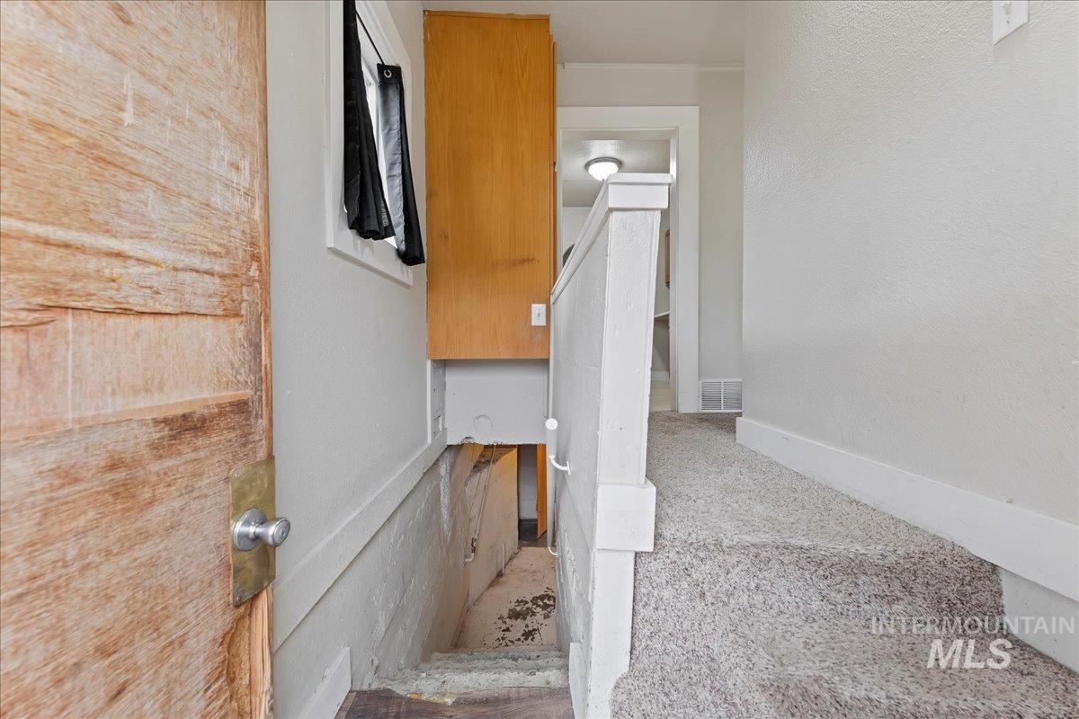 Stairs with a textured wall and carpet