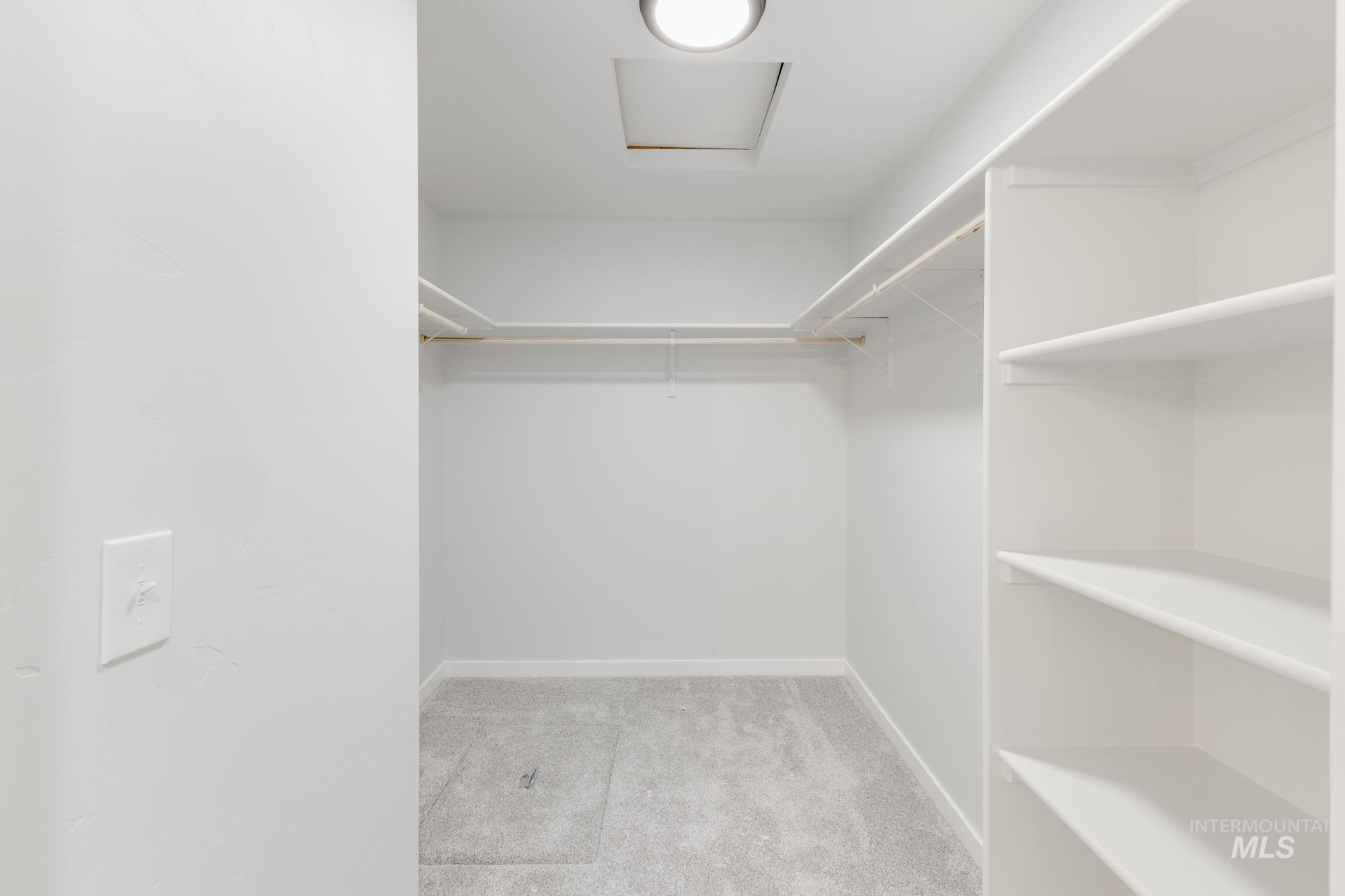 Spacious closet with light colored carpet and attic access
