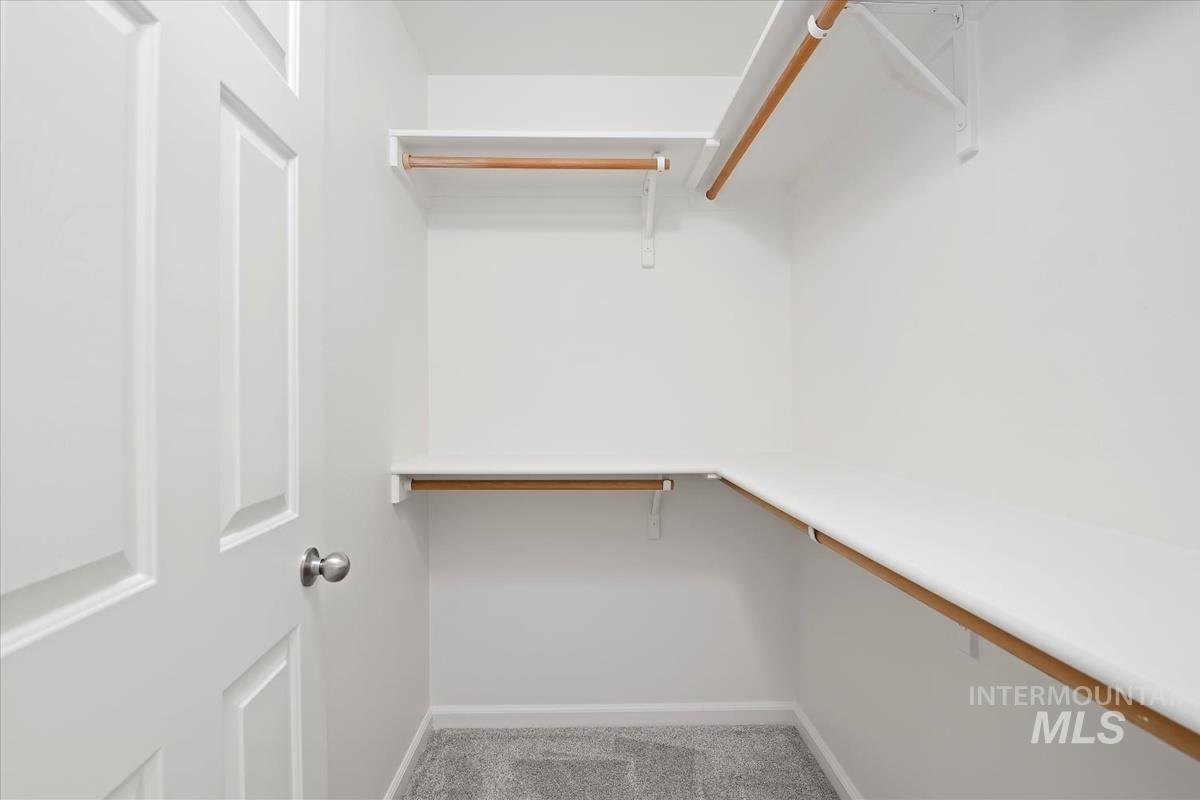 Walk in closet featuring light colored carpet