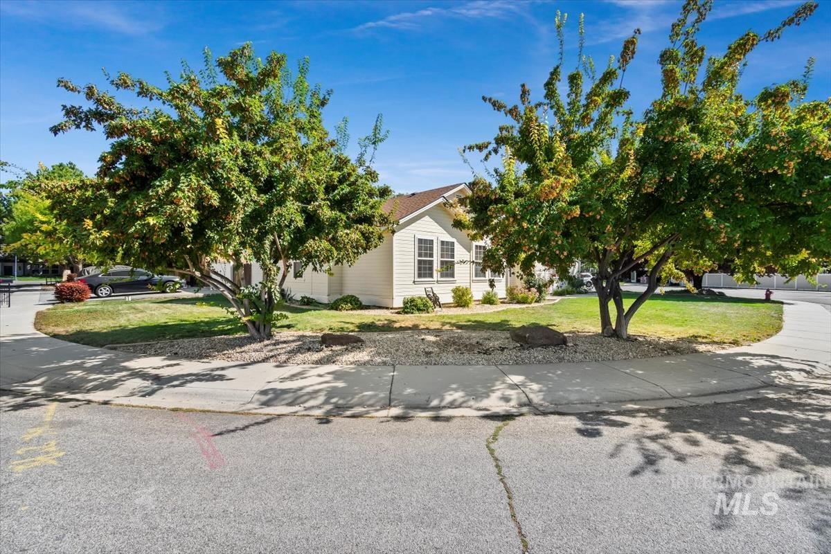 View of property hidden behind natural elements with a front lawn