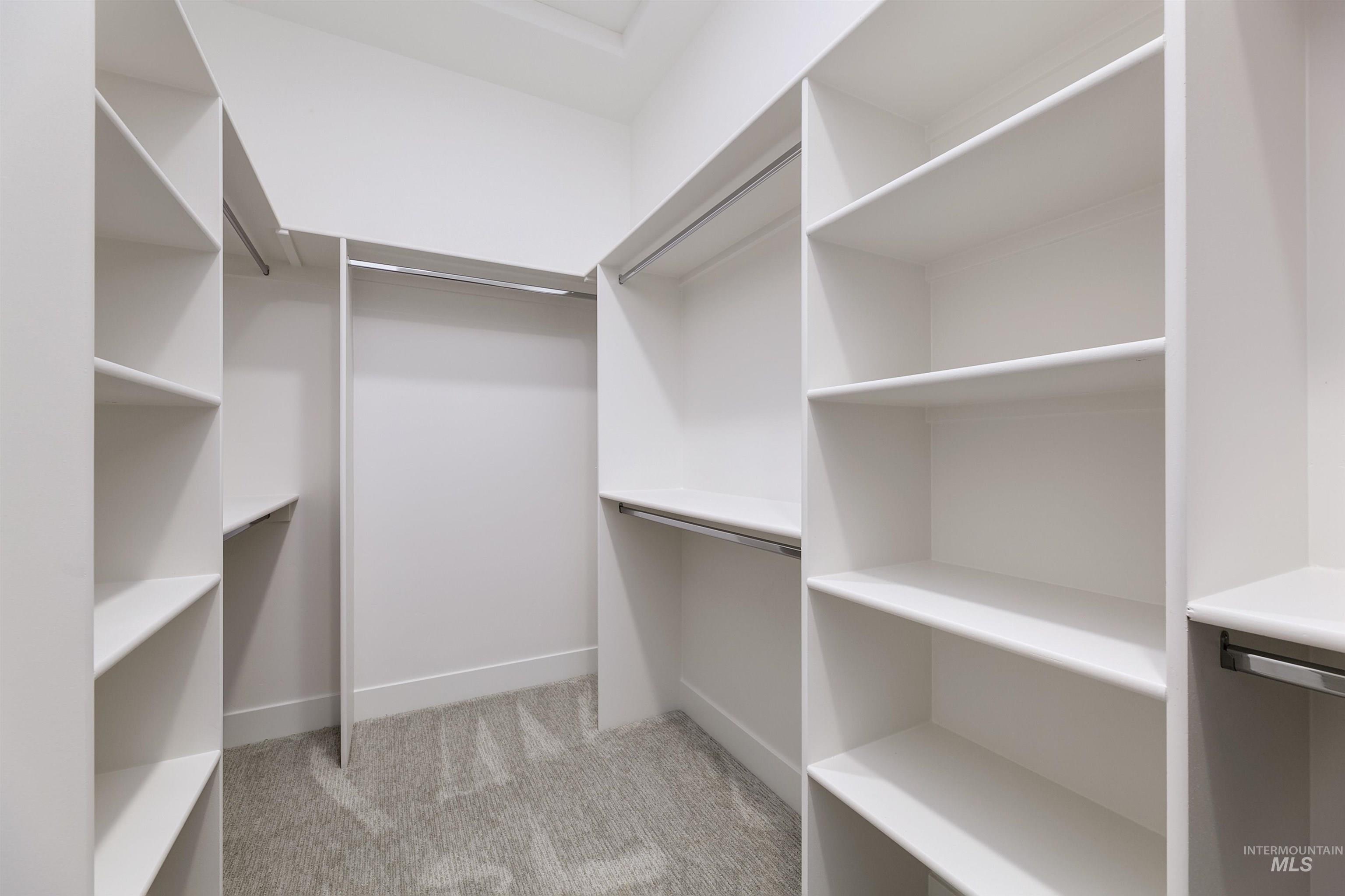 Spacious closet featuring light colored carpet