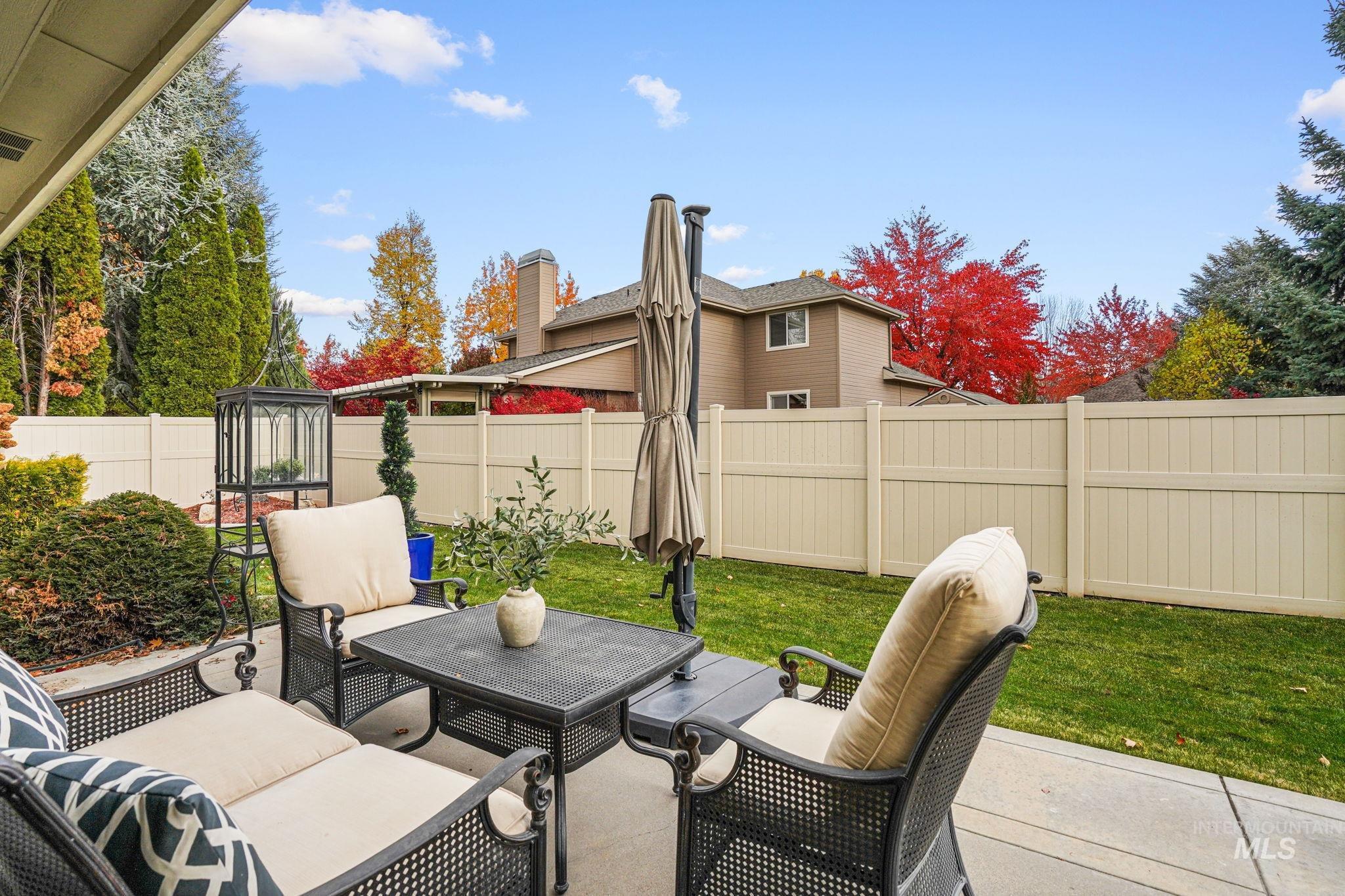 Fenced backyard with an outdoor hangout area and a patio area