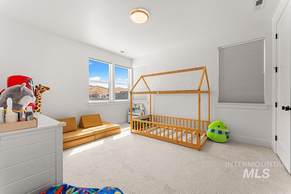Bright room featuring light-colored carpeting, white walls, and a modern flush-mount ceiling light