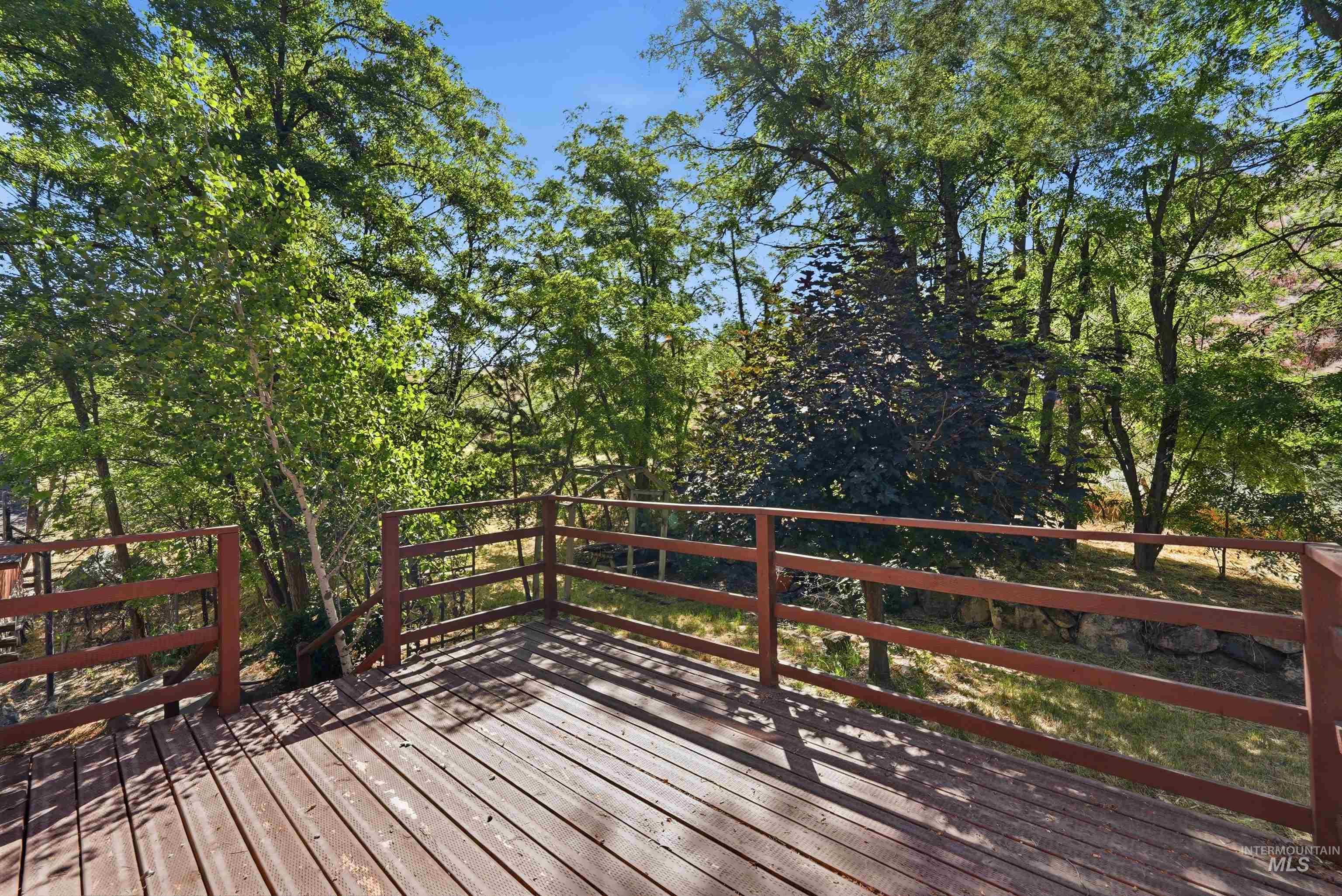 Expansive wood-finish deck with a perimeter railing system, surrounded by mature deciduous trees and natural landscaping