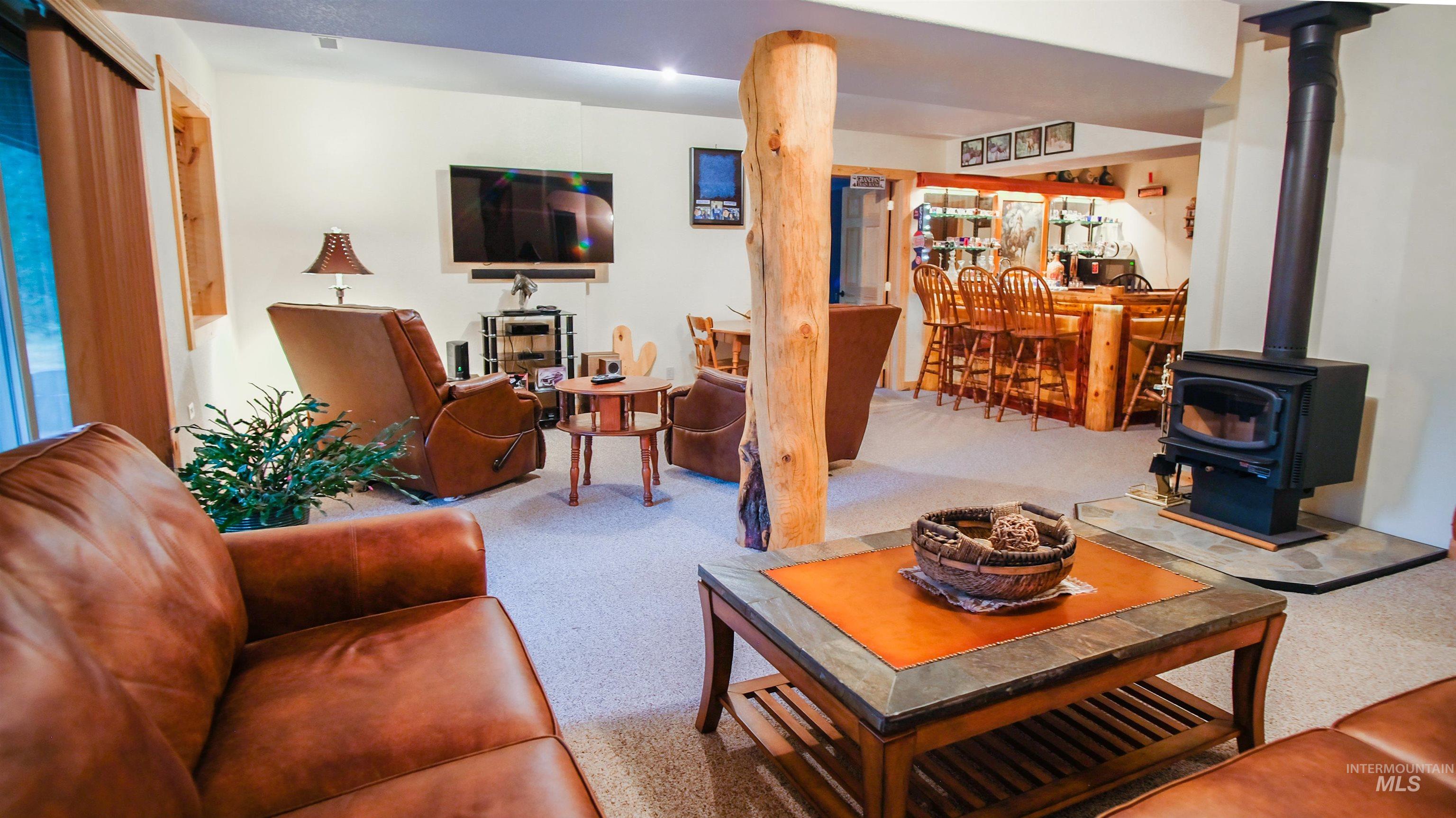 Living area featuring a wood stove and carpet