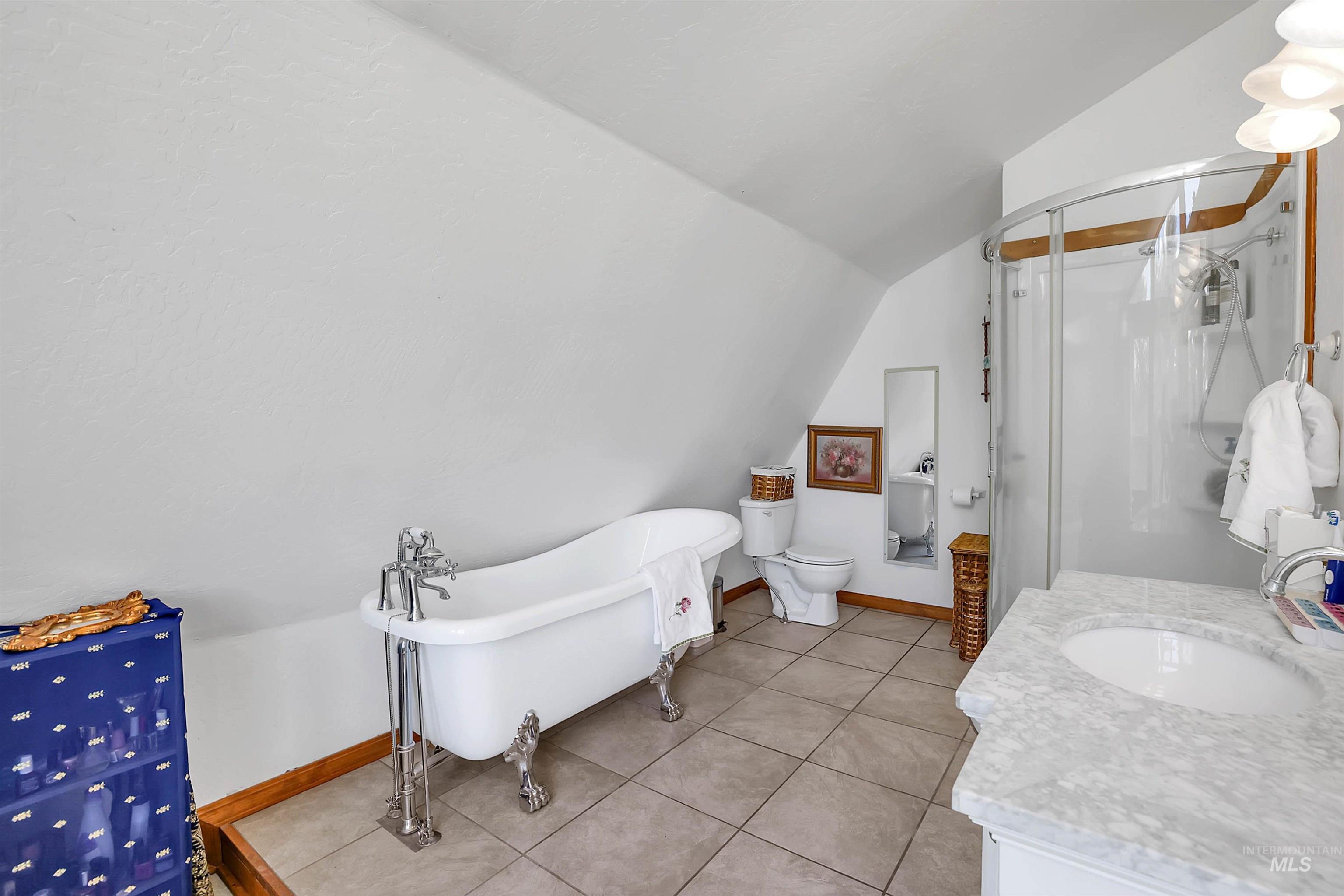 Full bath with vaulted ceiling, a shower stall, a freestanding tub, vanity, and tile patterned flooring