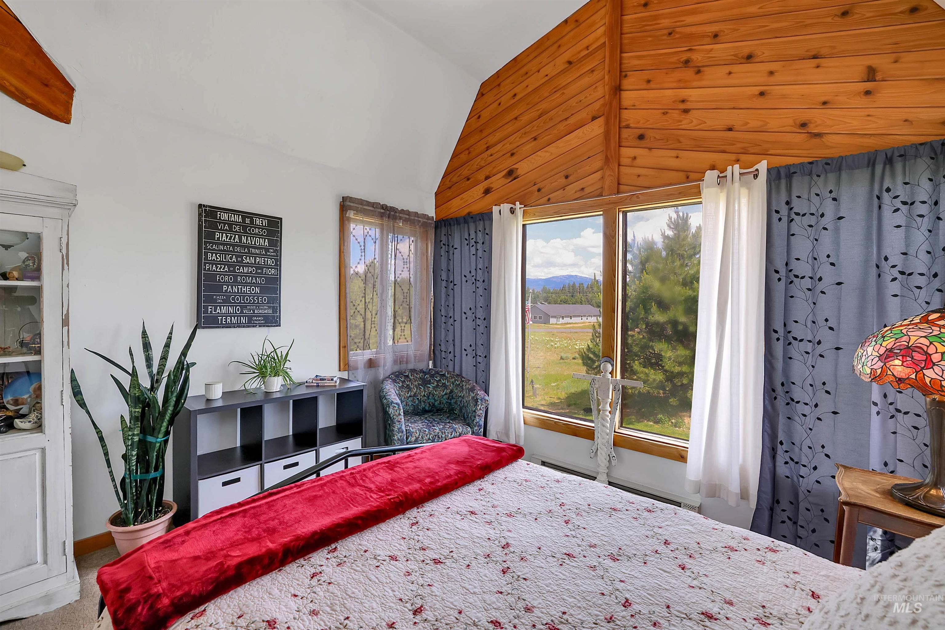 Bedroom with high vaulted ceiling