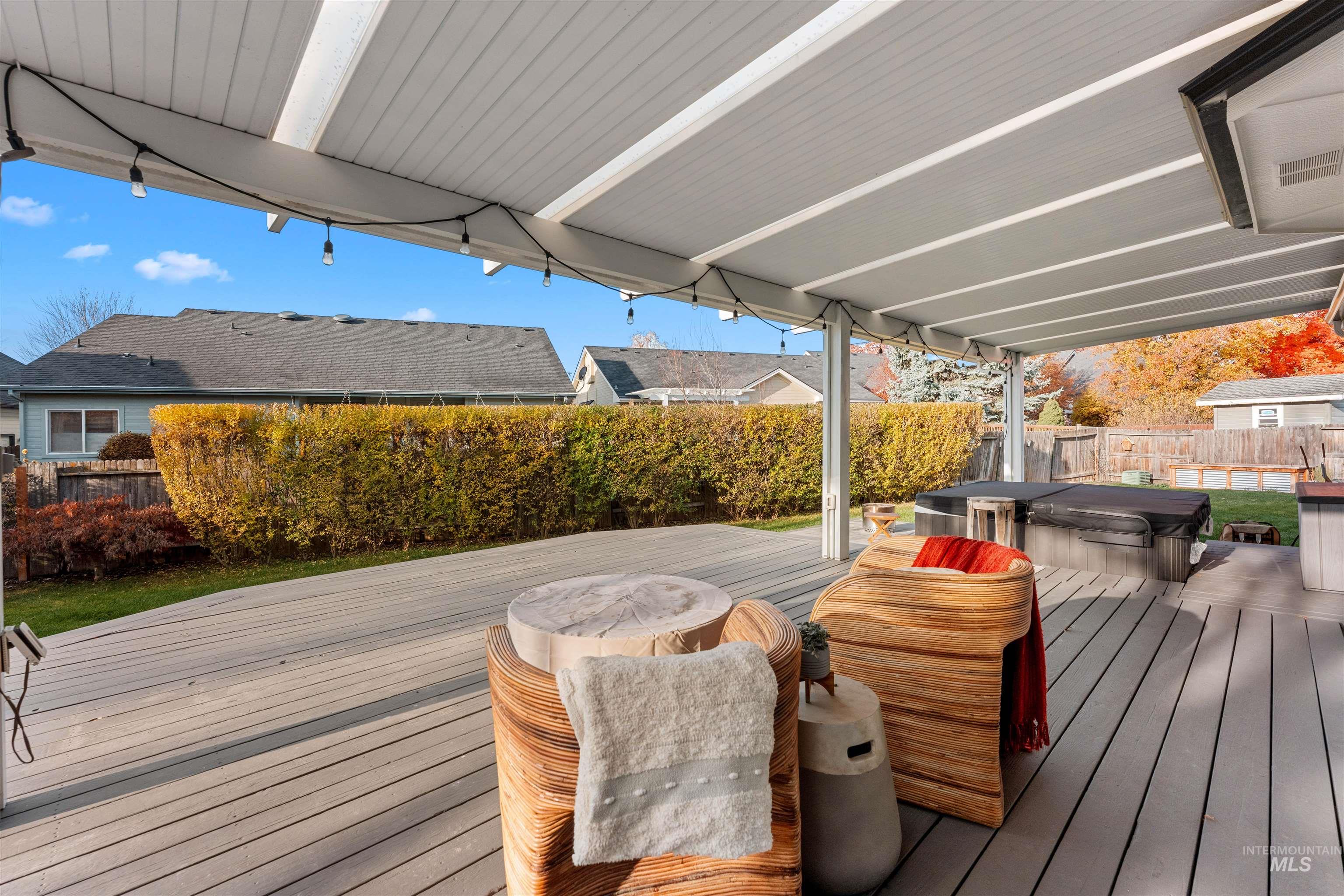 Deck featuring a fenced backyard and a hot tub