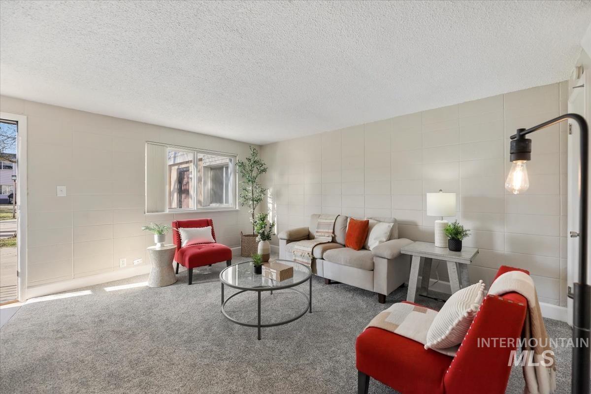 Living area featuring a textured ceiling and carpet floors