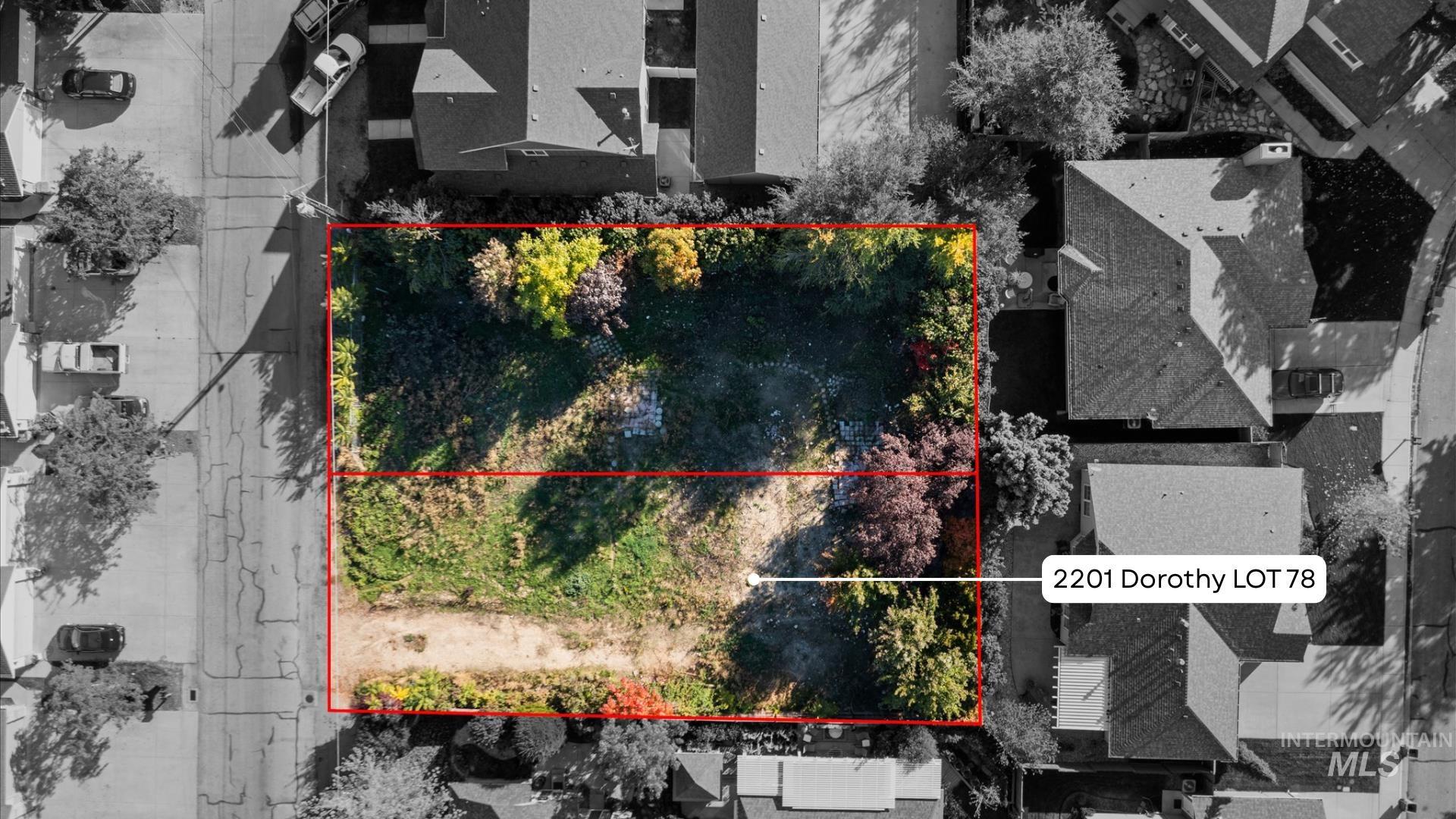 Aerial perspective of suburban area with property parcel outlined