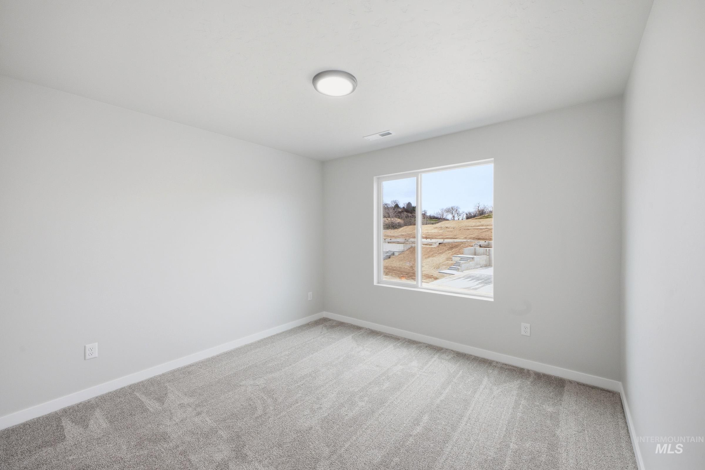 Carpeted room featuring a single window with white trim, a flush-mount ceiling light, and light gray wall paint