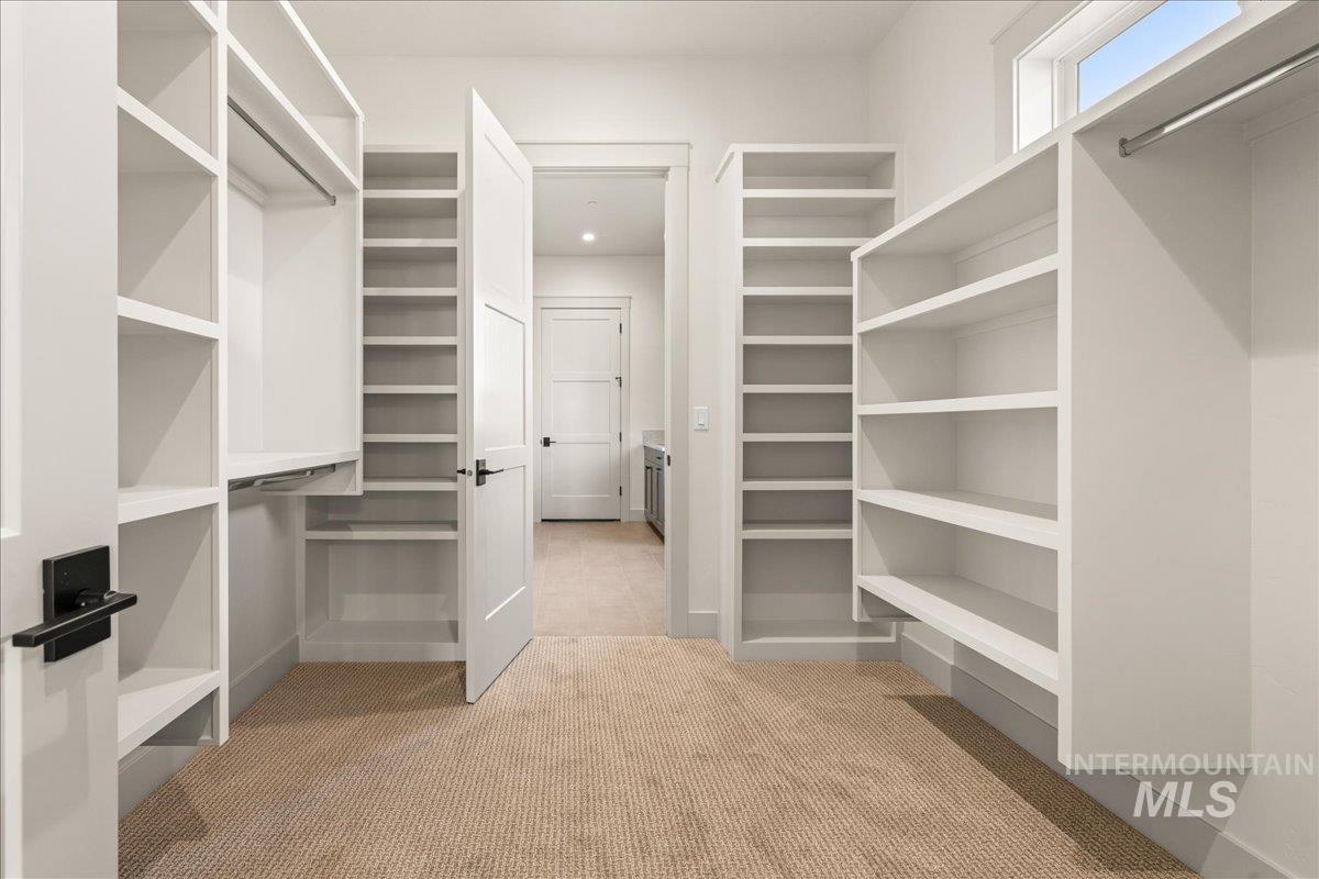 Walk in closet featuring light carpet