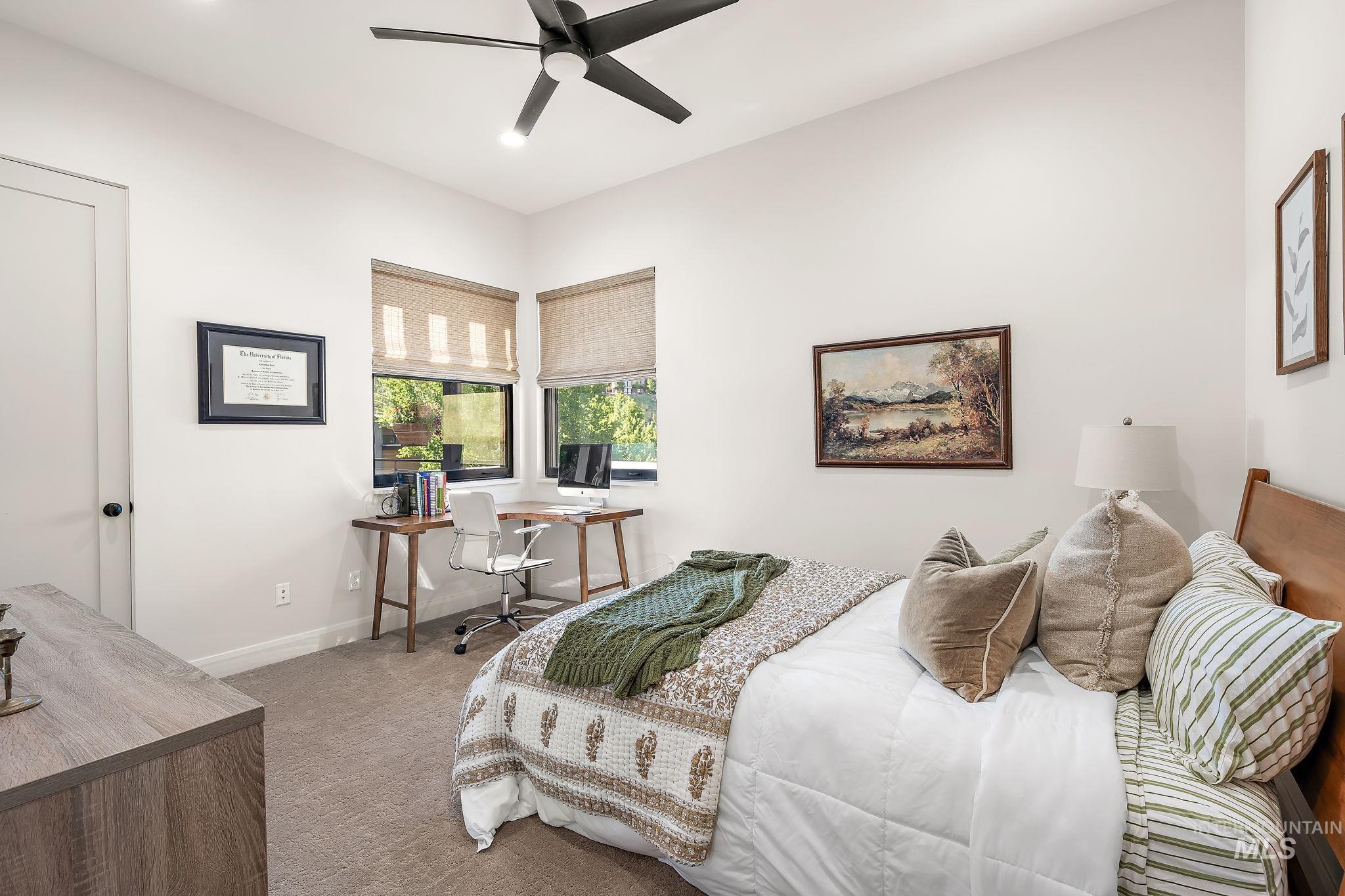 Spacious room featuring neutral carpeting, white walls, and a modern ceiling fan