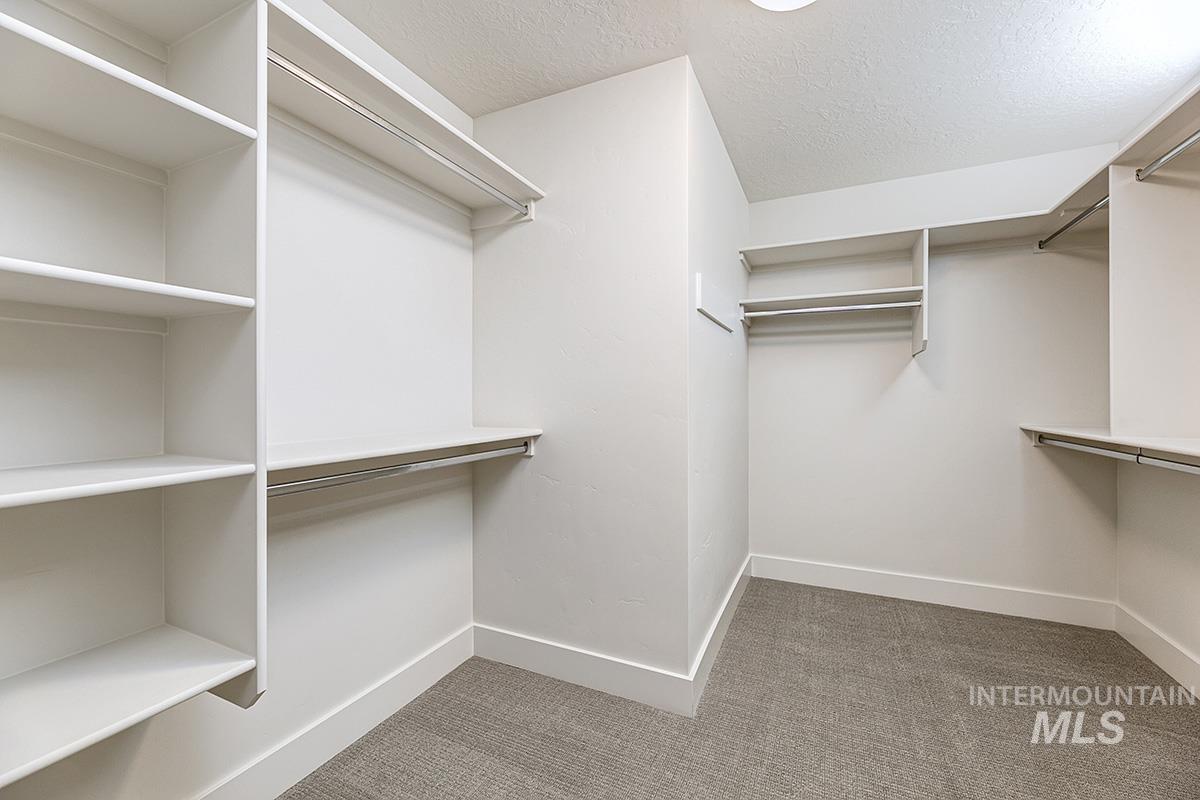 Walk-in closet featuring white built-in shelving, multiple hanging rods, and gray carpet flooring