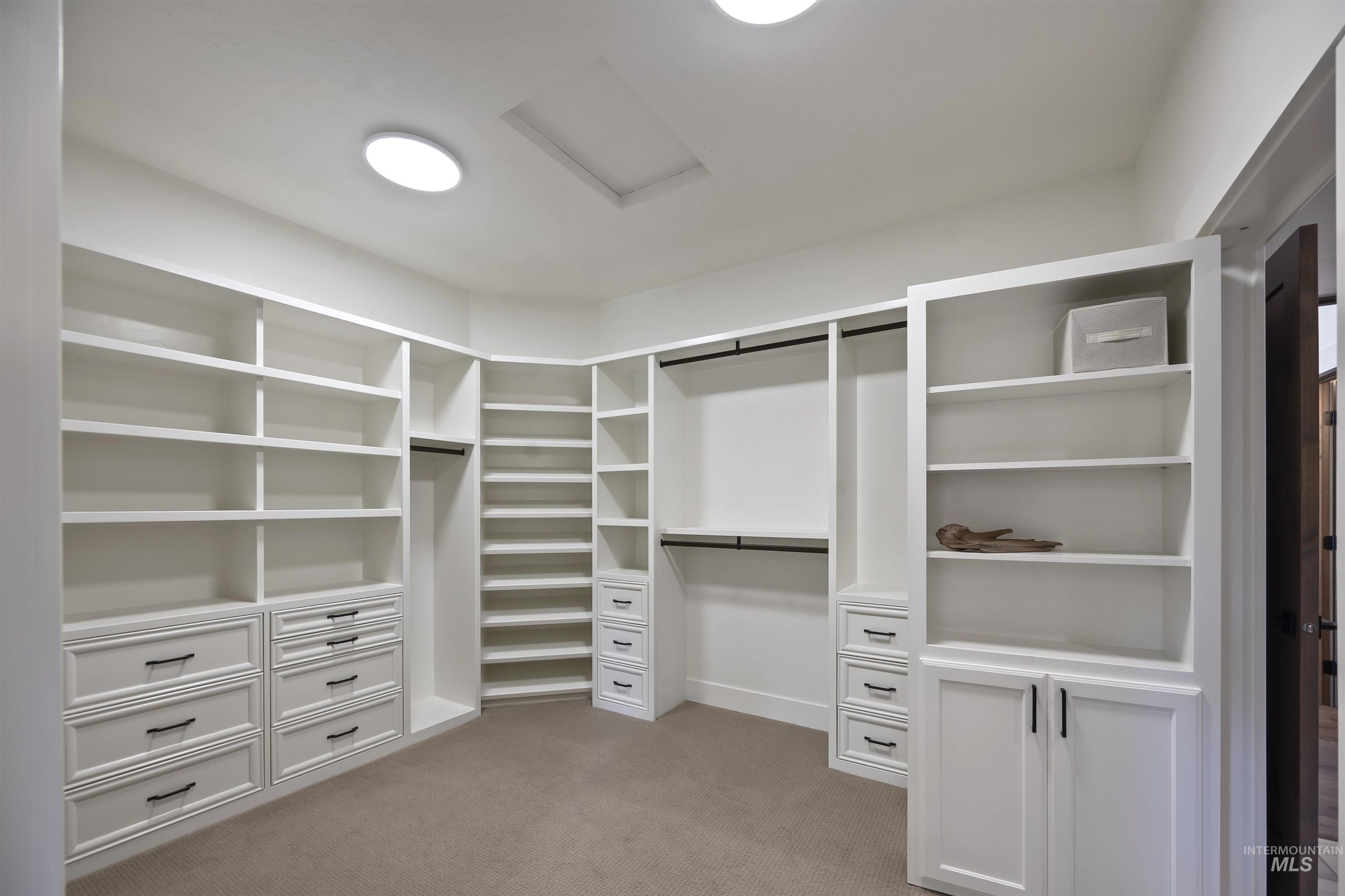Spacious closet featuring attic access and carpet flooring