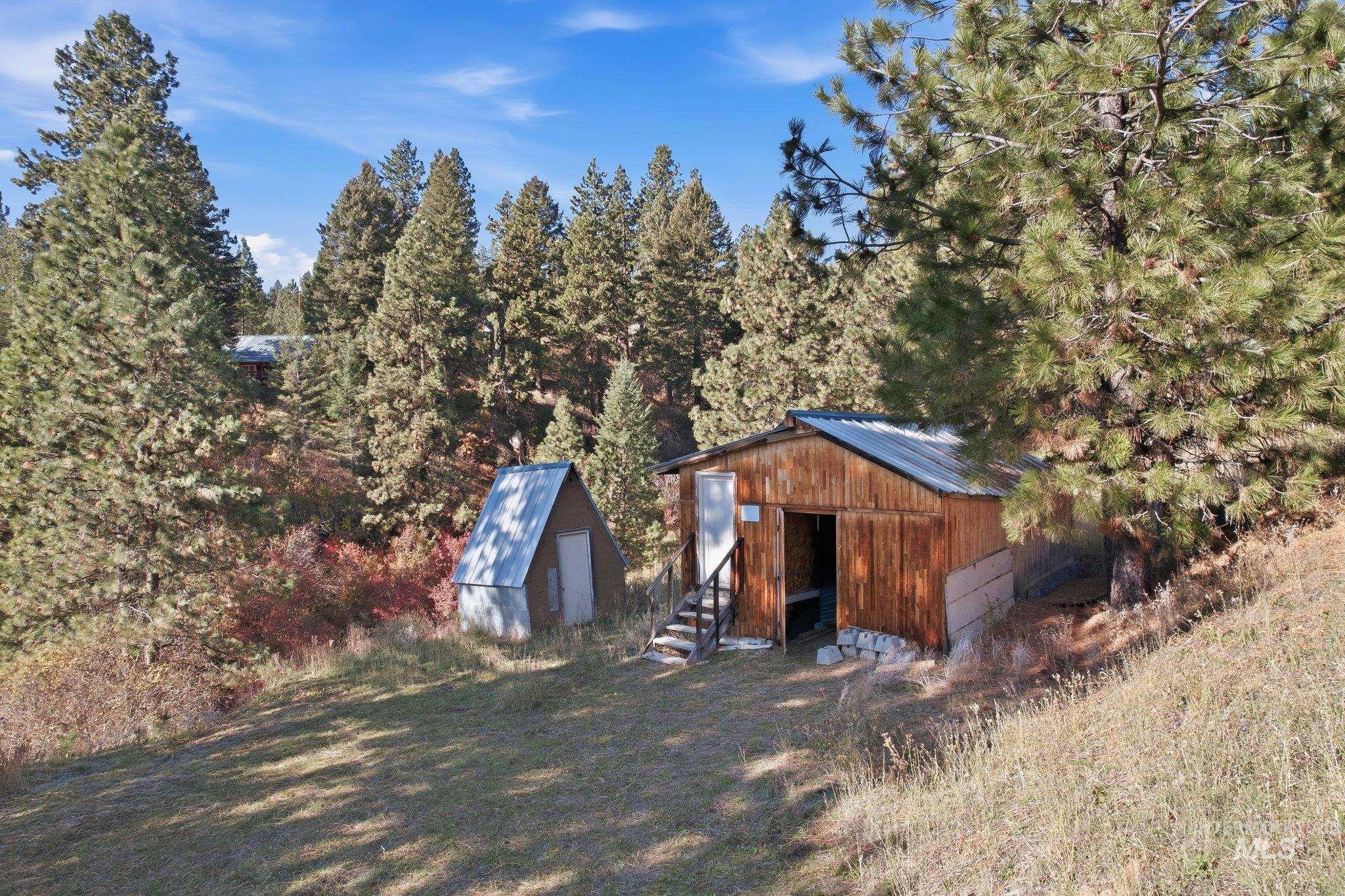 View of outbuilding featuring a view of trees