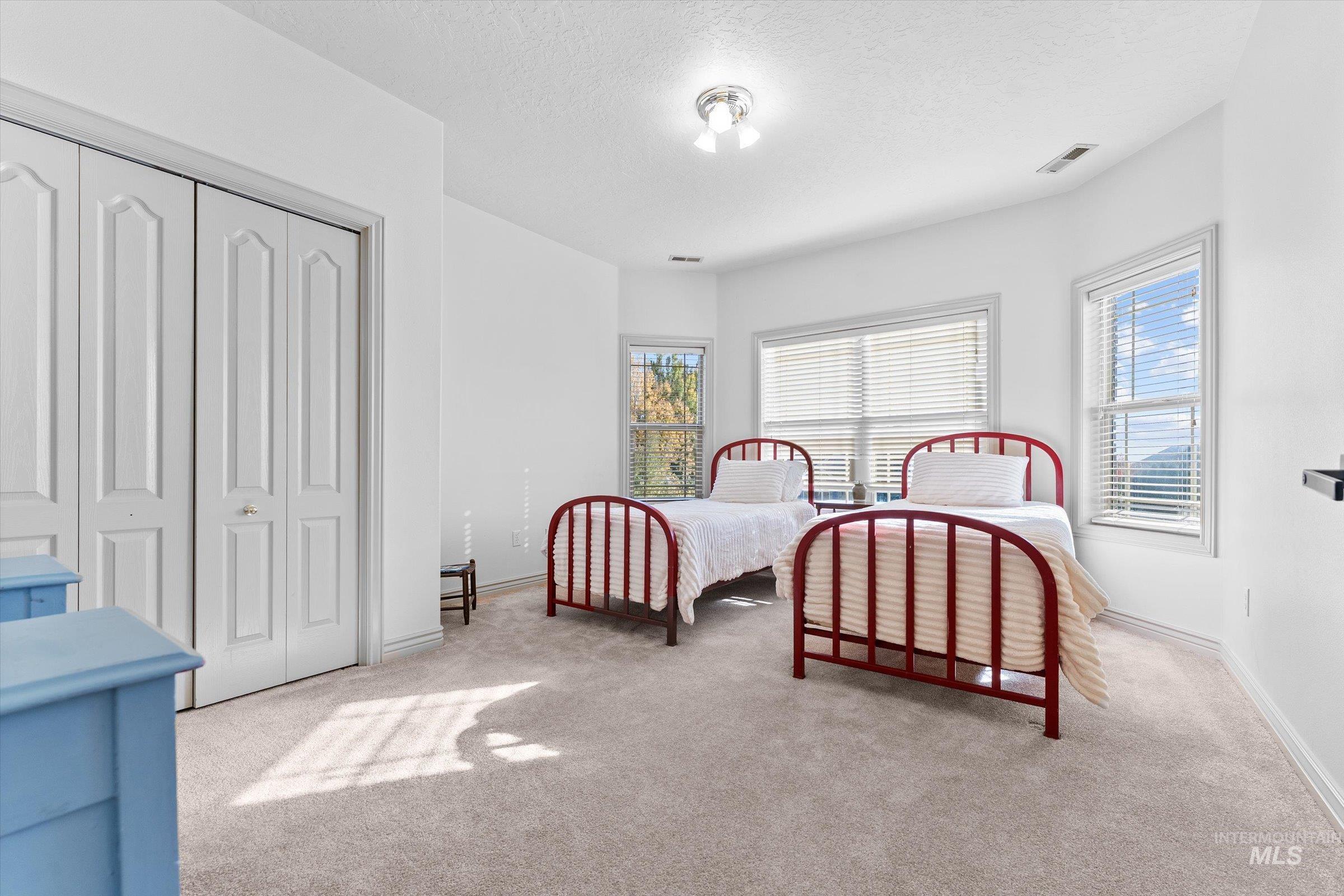 Carpeted bedroom featuring a closet and a textured ceiling