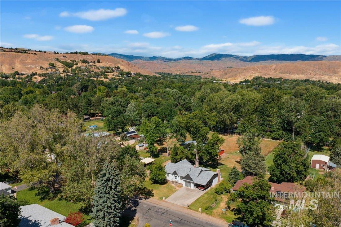 Aerial perspective highlighting the property's setting amidst mature trees and a residential street